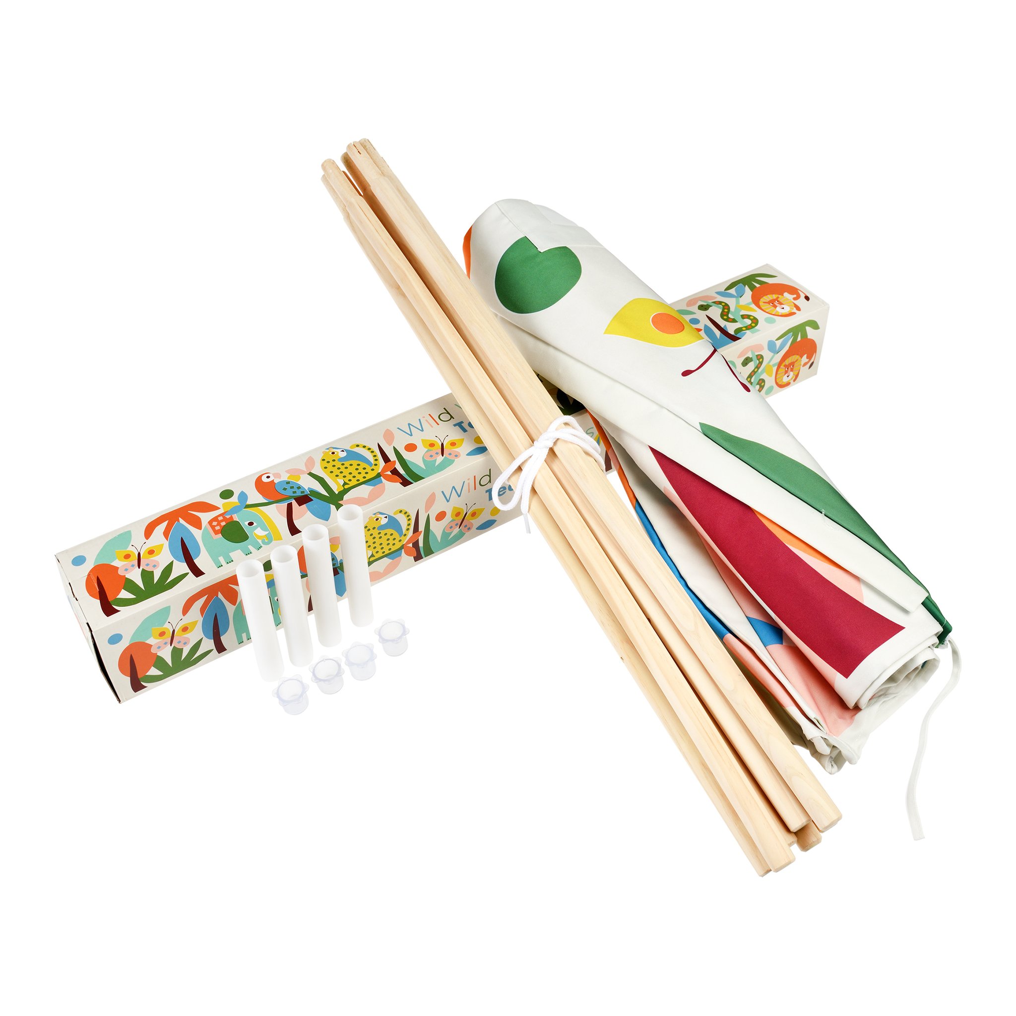 Tragetasche mit Holzstangen und Zeltstoff des Wild Wonders Kinderzelts
