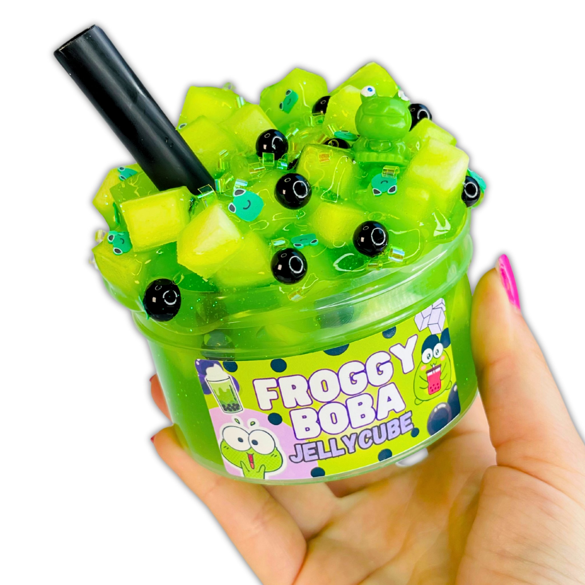 Hand hält die Dose mit Froggy Boba Jelly-Cube-Slime