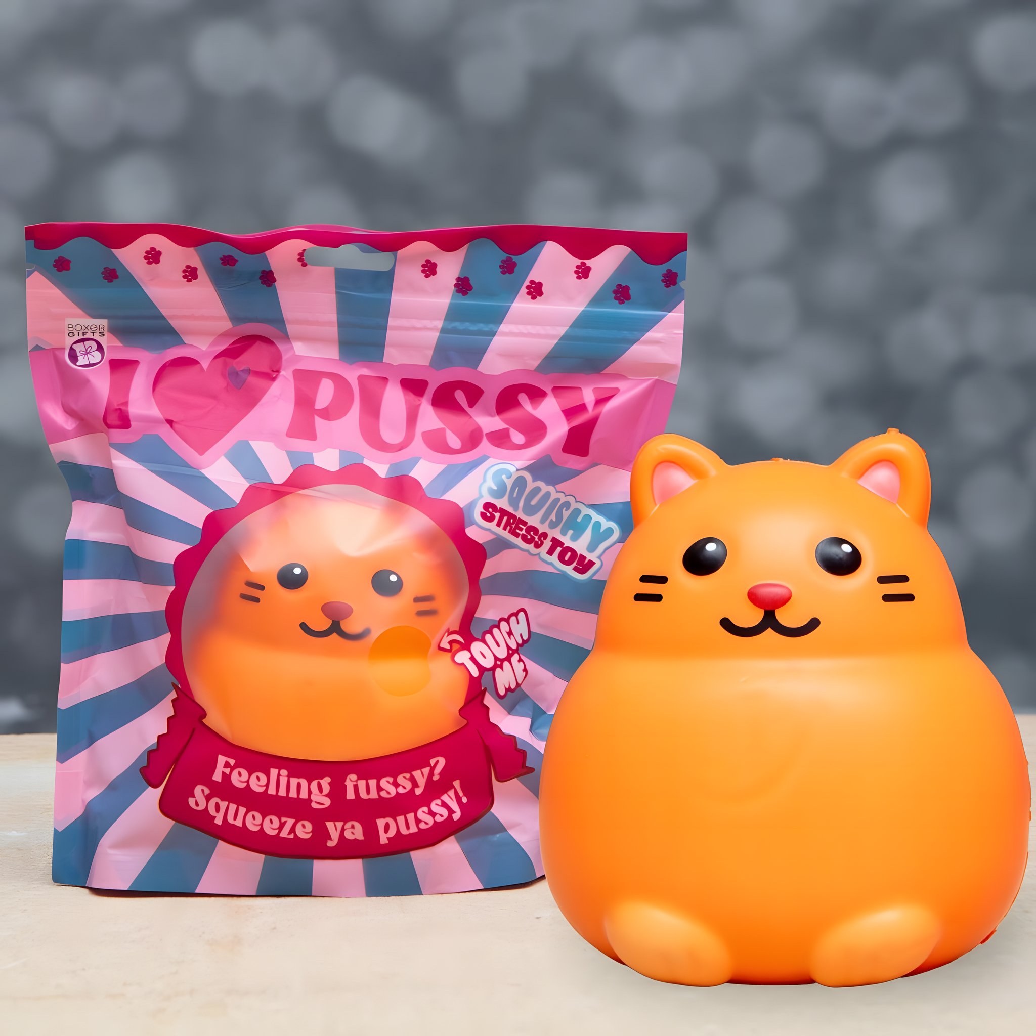 Squishy gatto arancione I Love Pussy accanto alla bustina stampata