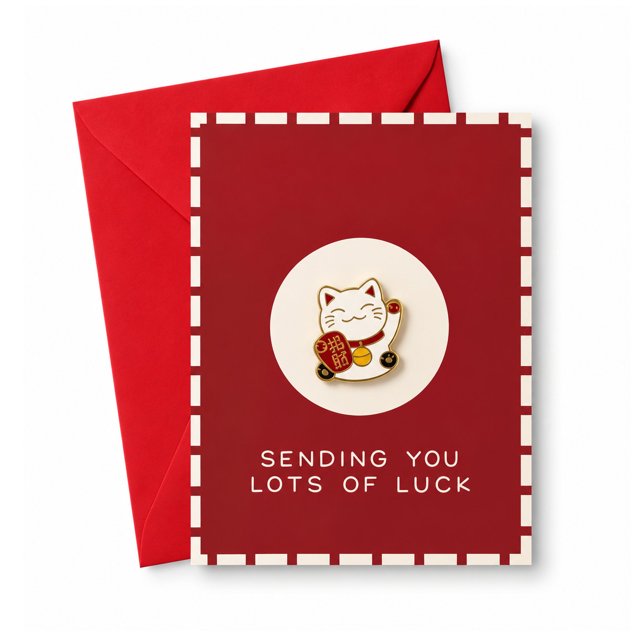 Rote Glückskarte mit ansteckbarem Winkekatzen-Pin und dem Text «Sending you lots of luck»