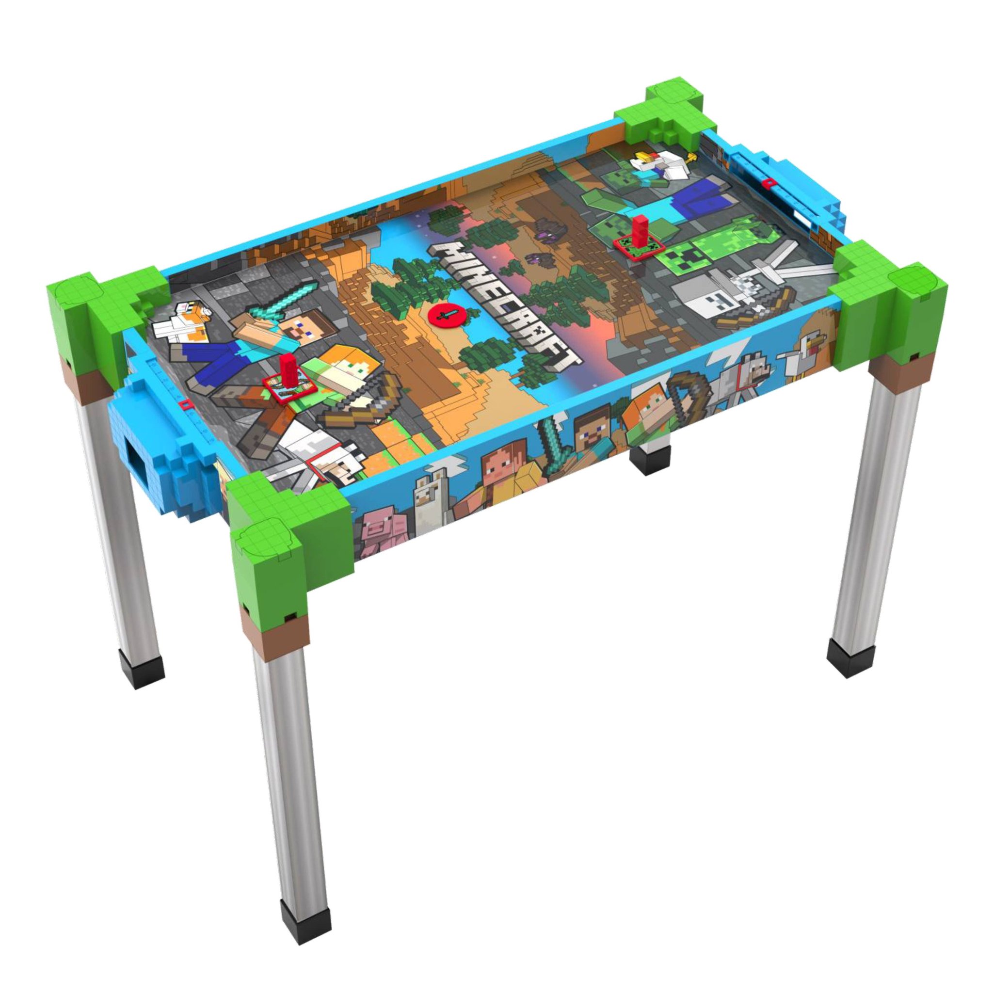 Minecraft air hockey table on steel legs with pixel artwork on the playing surface
