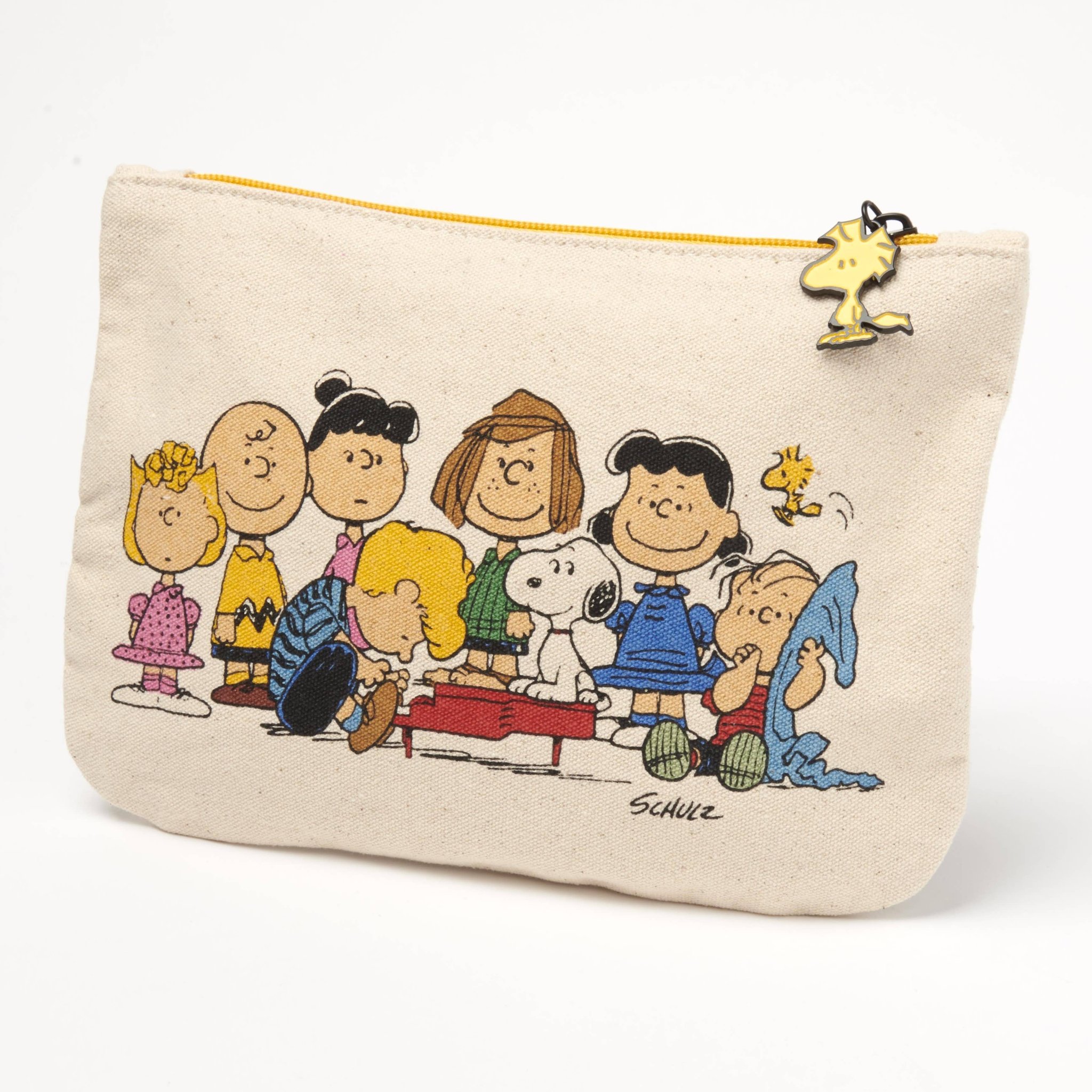 Canvas-Kosmetiktasche mit Snoopy und der Peanuts-Bande, gelber Reissverschluss mit Woodstock-Anhänger