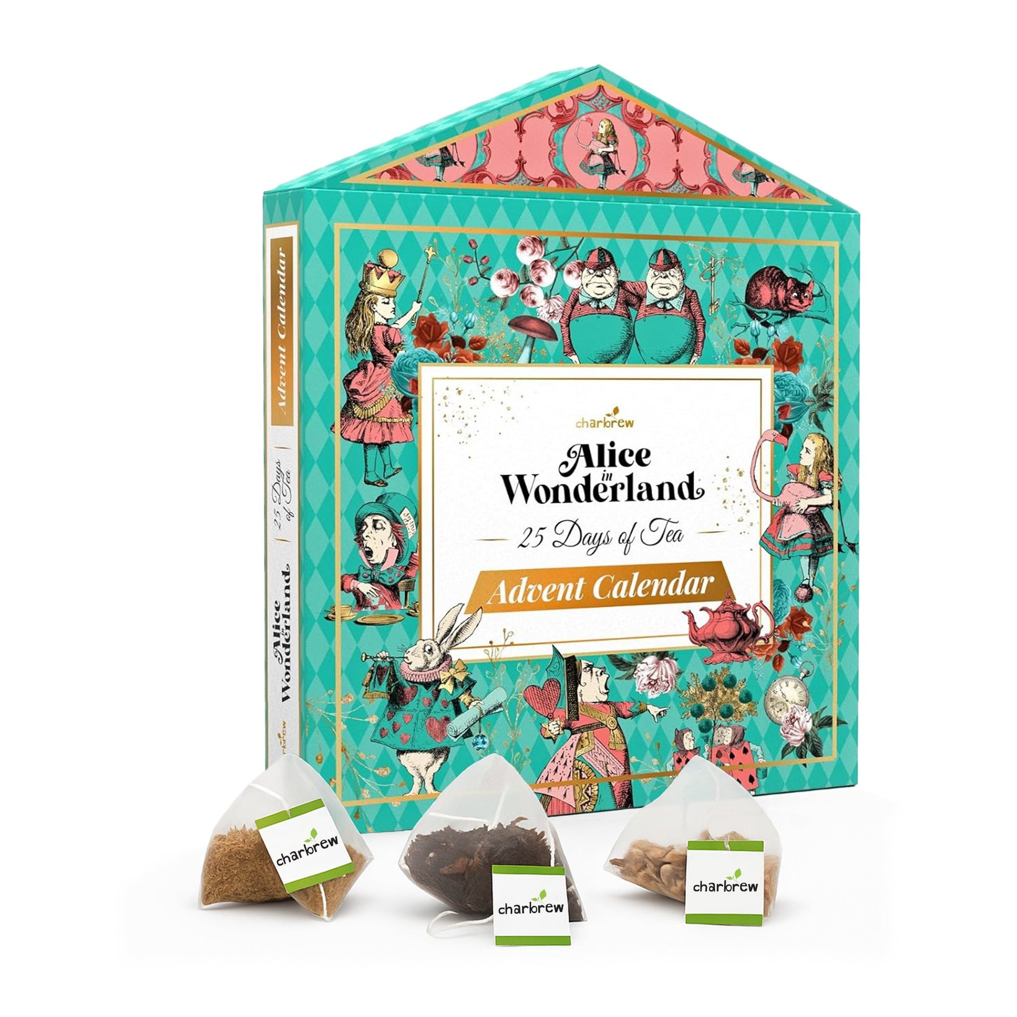 Charbrew Alice in Wonderland tea advent calendar shaped like a house, with three pyramid tea bags in front