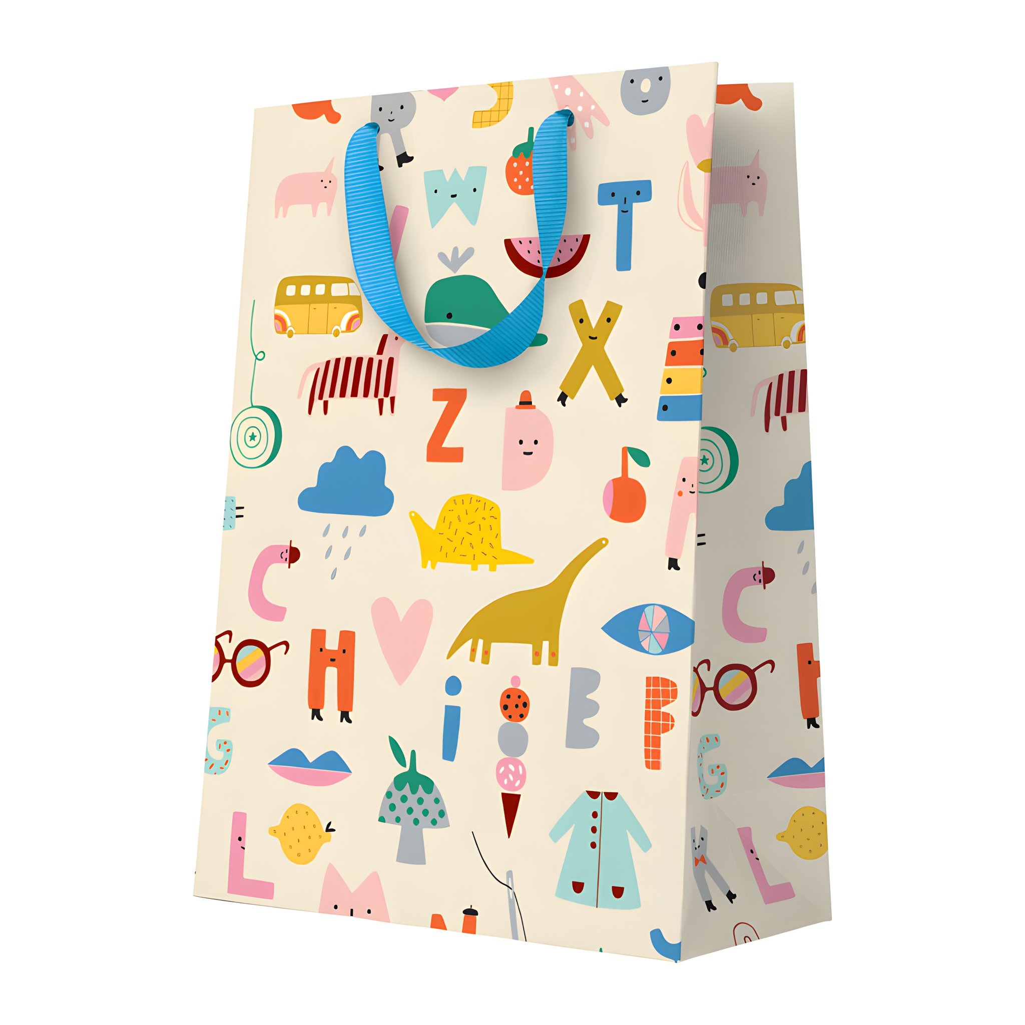 Busta regalo grande con alfabeto colorato di Ohh Deer con manici in nastro su sfondo bianco