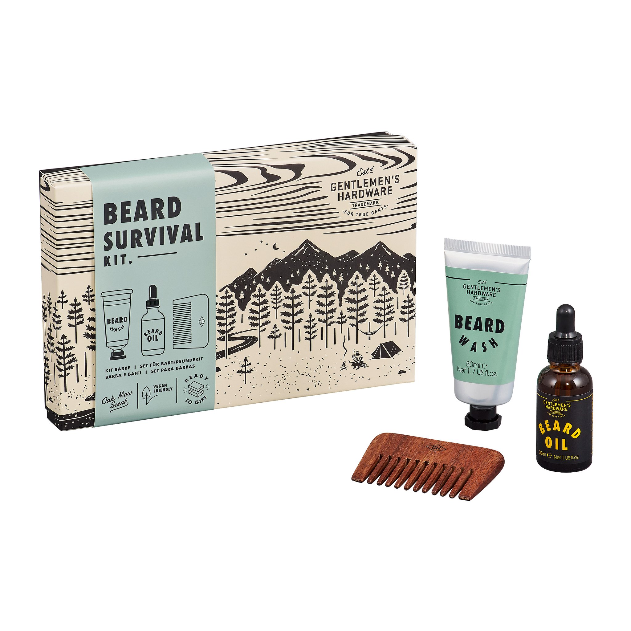 Beard Survival Kit: Schachtel schräg gestellt, davor Bartwasch-Tube, Bartöl-Flasche und Holzkamm auf weissem Grund