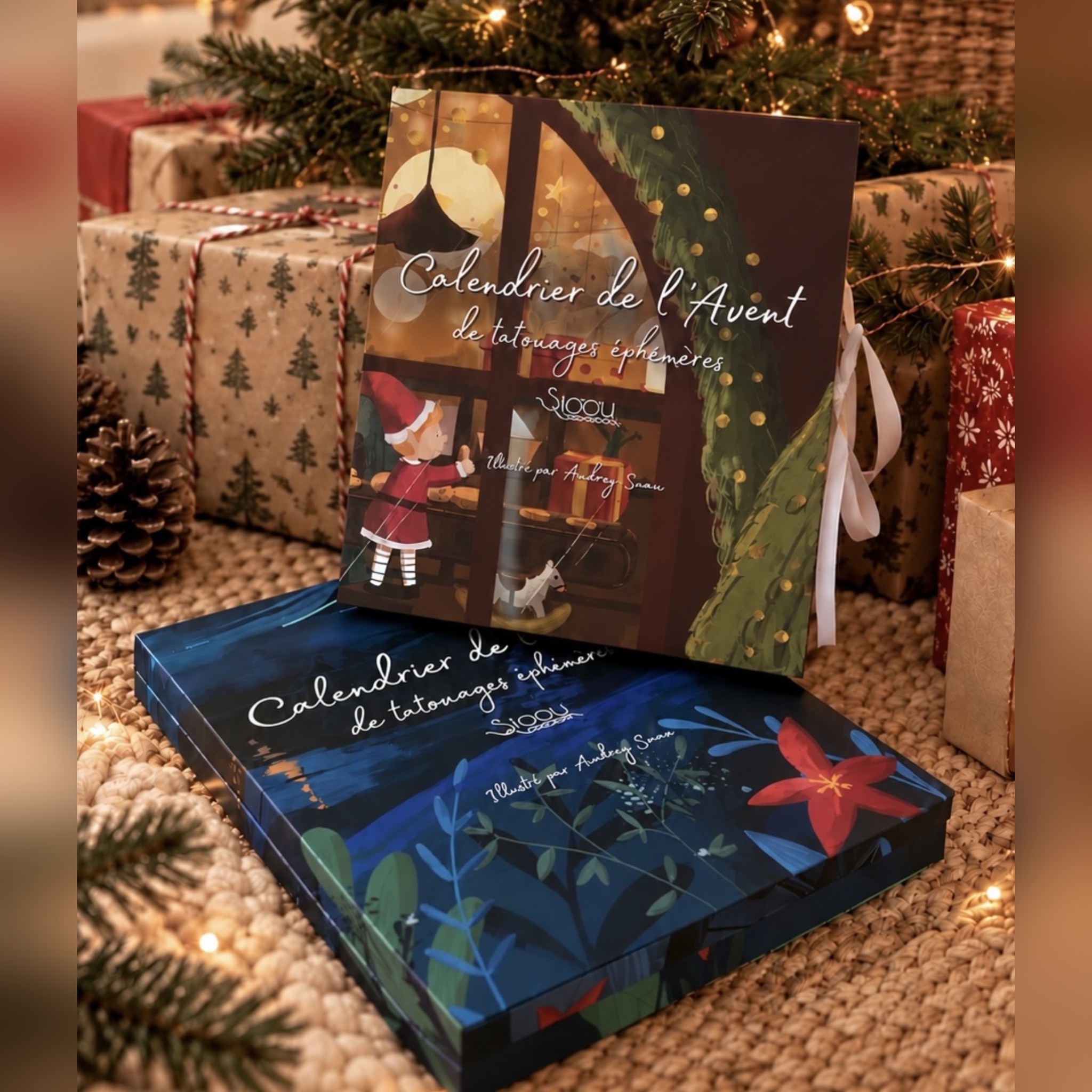 Calendriers de l'Avent de tatouages Atelier de Noël et Nuit d'hiver sous le sapin, entre les cadeaux