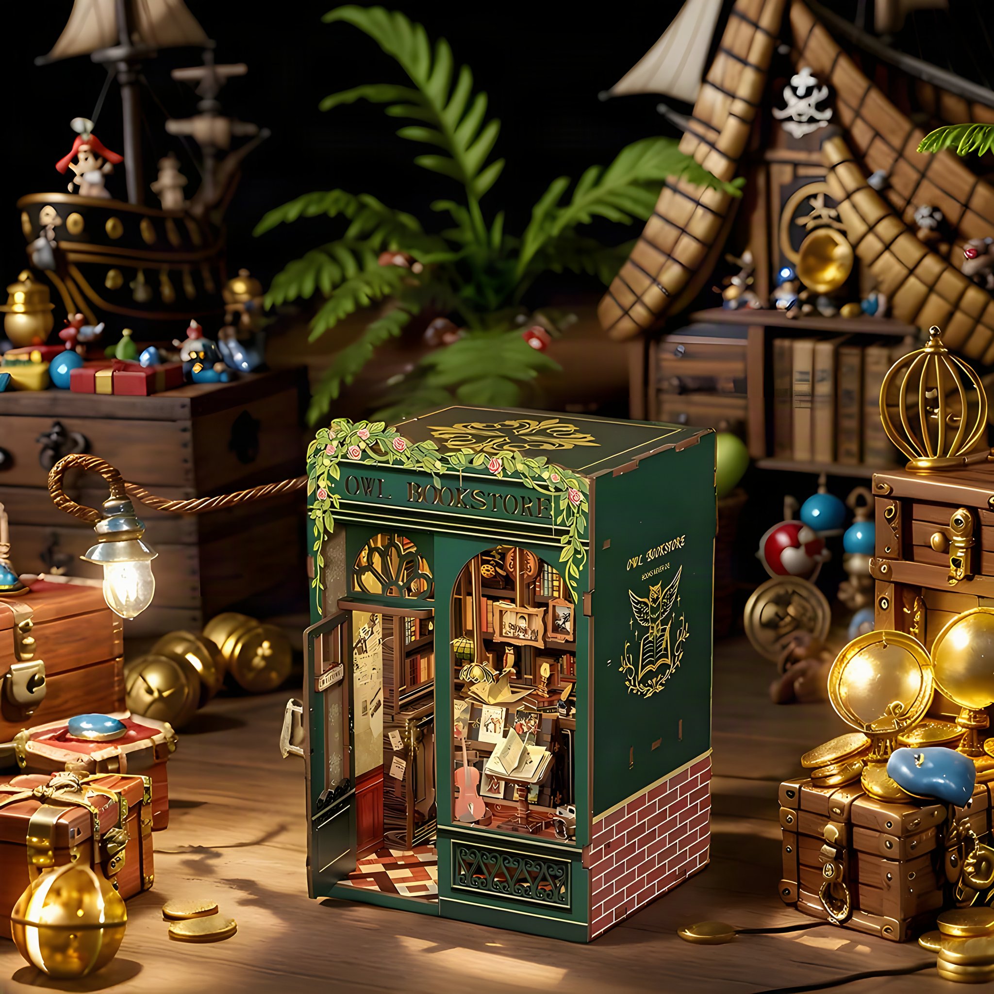 Vue latérale du book nook avec emblème de hibou, coffre au trésor et bateau pirate