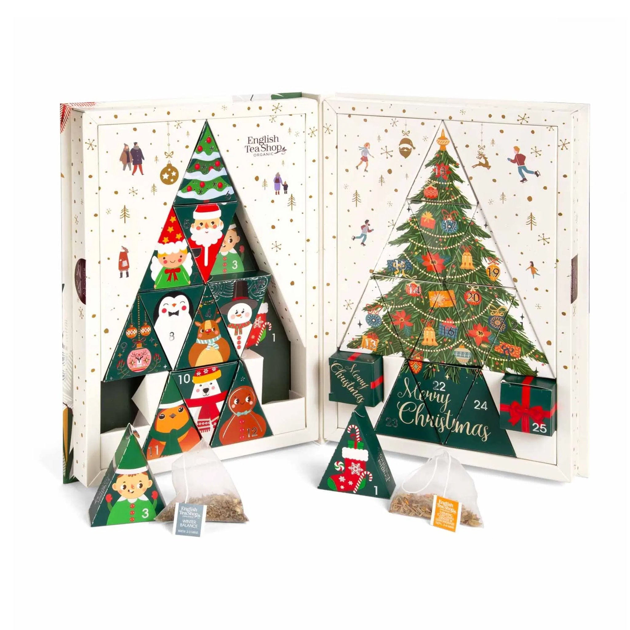 Calendrier de l'Avent de thé Sapin de Noël English Tea Shop ouvert, avec deux sapins formés de boîtes à thé