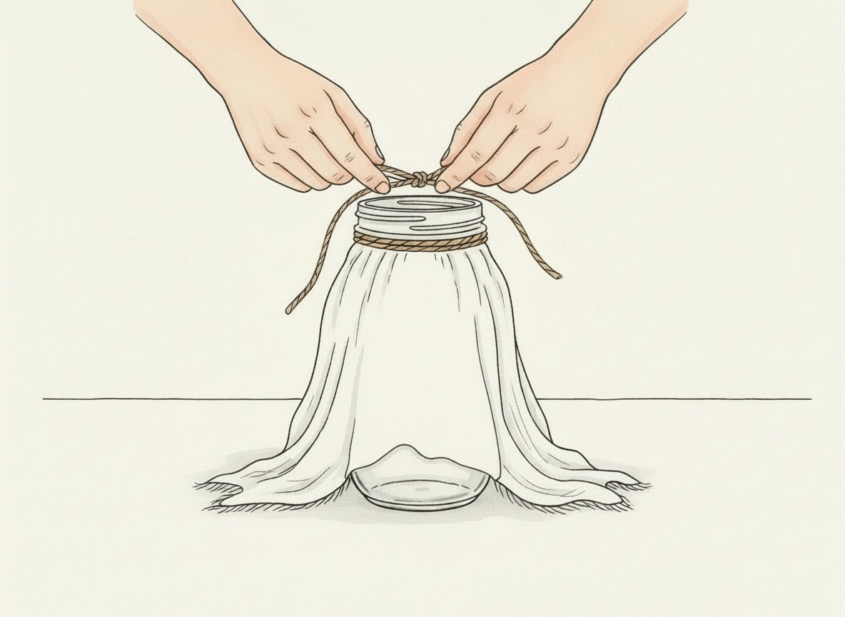Sketch: fabric draped over the open jar, two hands tying jute twine around the neck of the jar