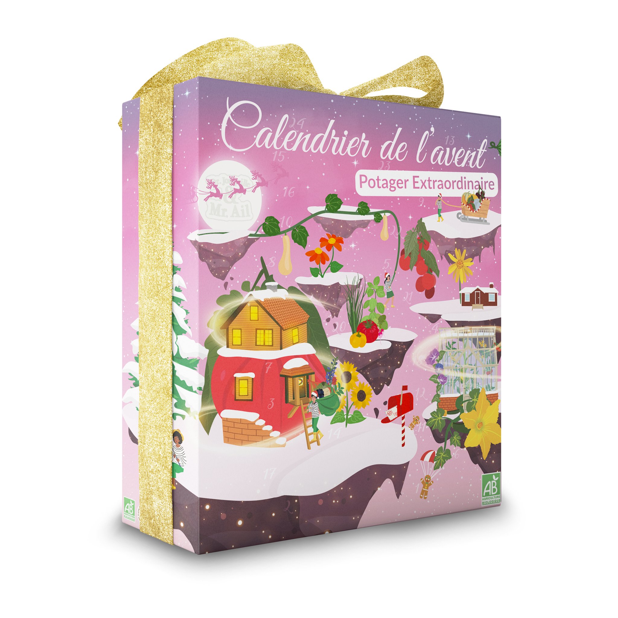 Calendrier de l'Avent jardin avec ruban doré et paysage d'hiver violet et rose sur fond blanc
