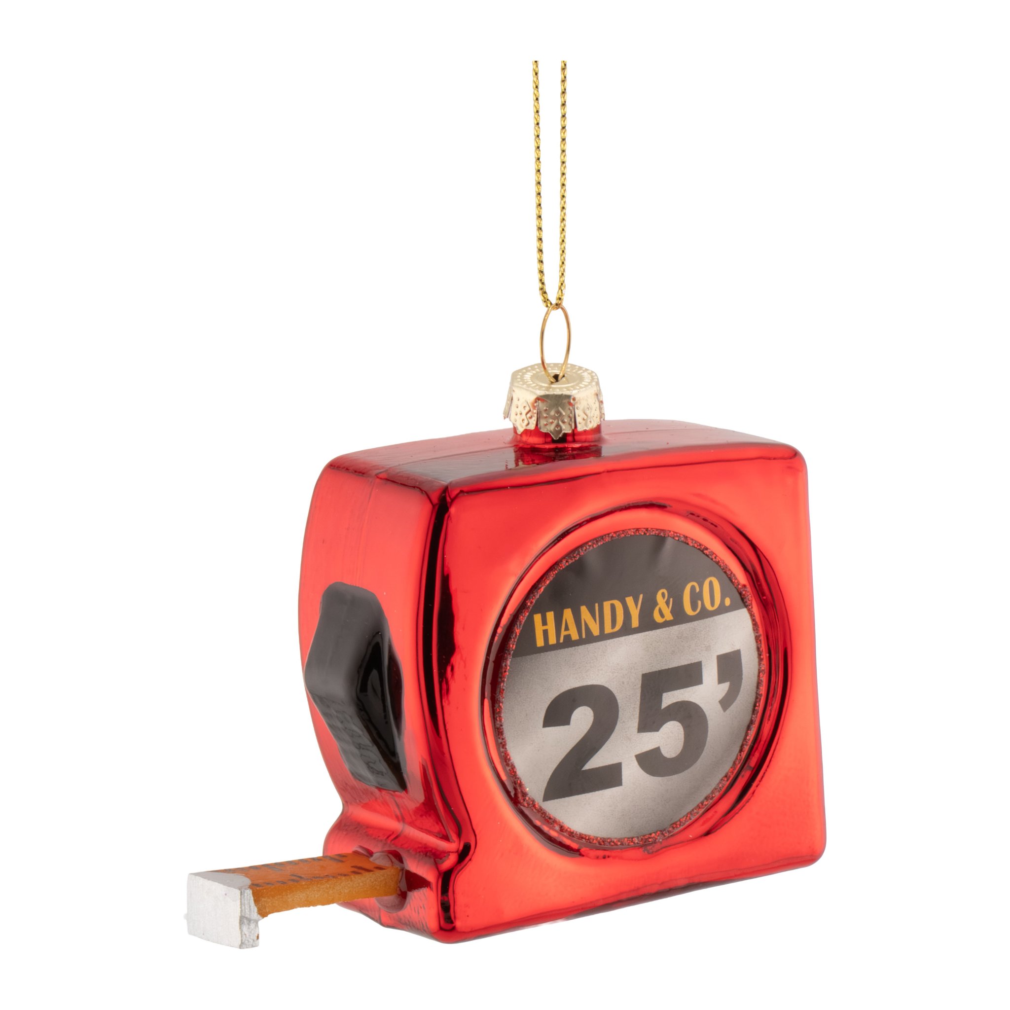 Red glass tape measure ornament marked HANDY & CO.