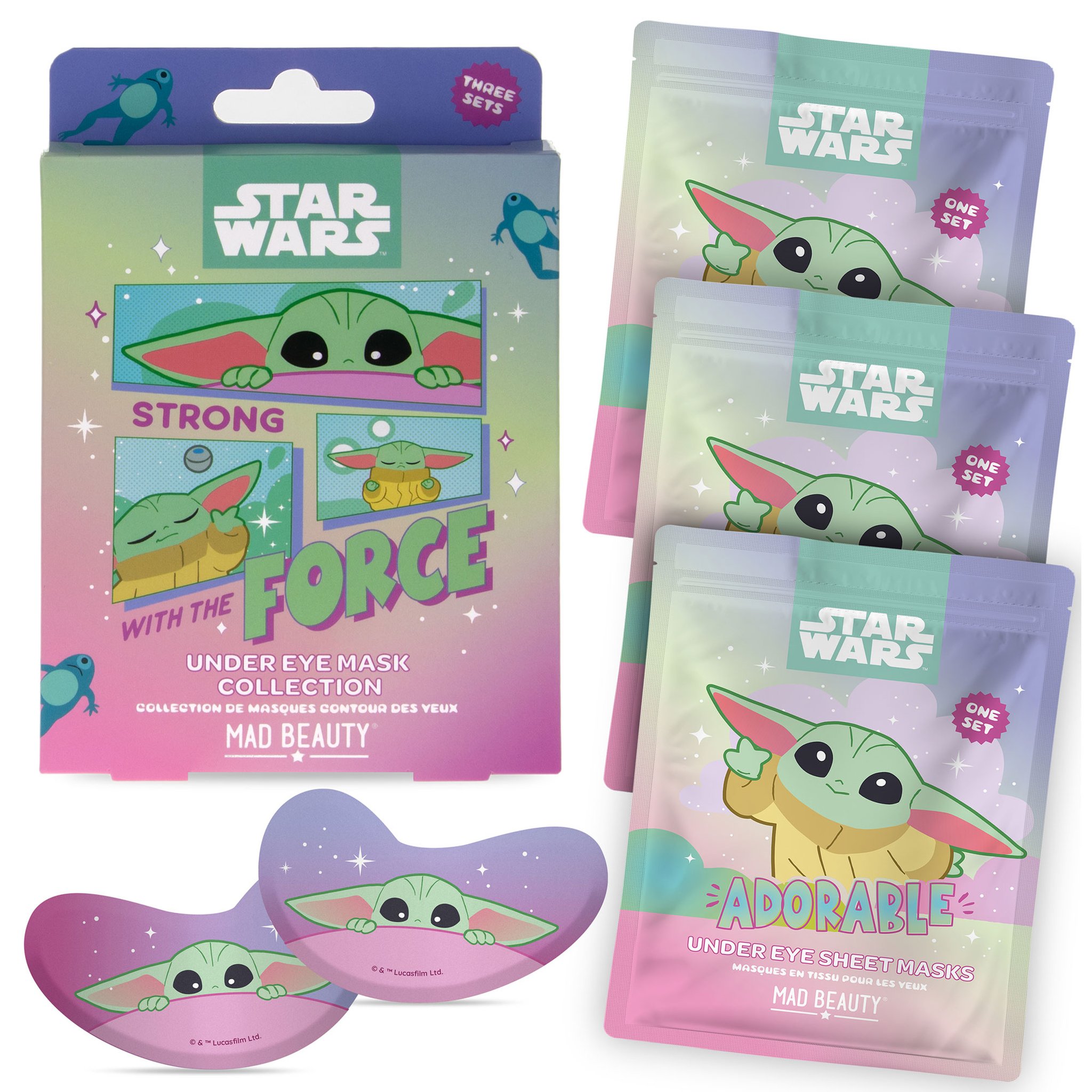 Grogu Hydrogel Augenmasken Detail mit Galaxy-Print