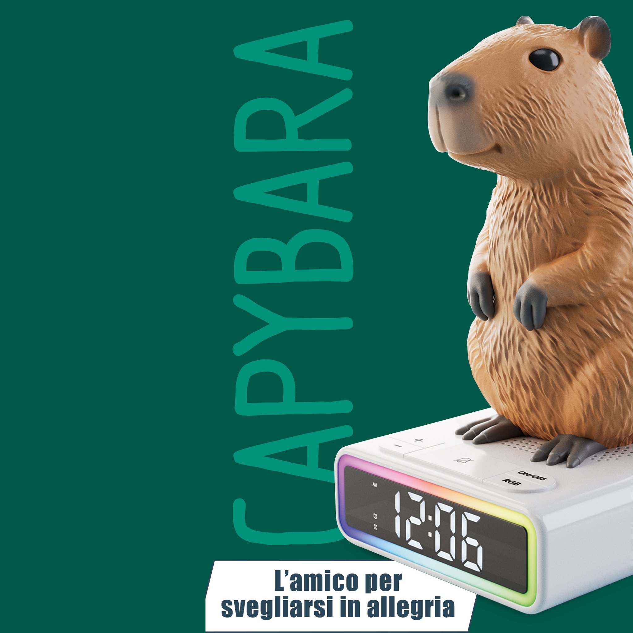Lisciani capybara alarm clock against a green background with the word Capybara