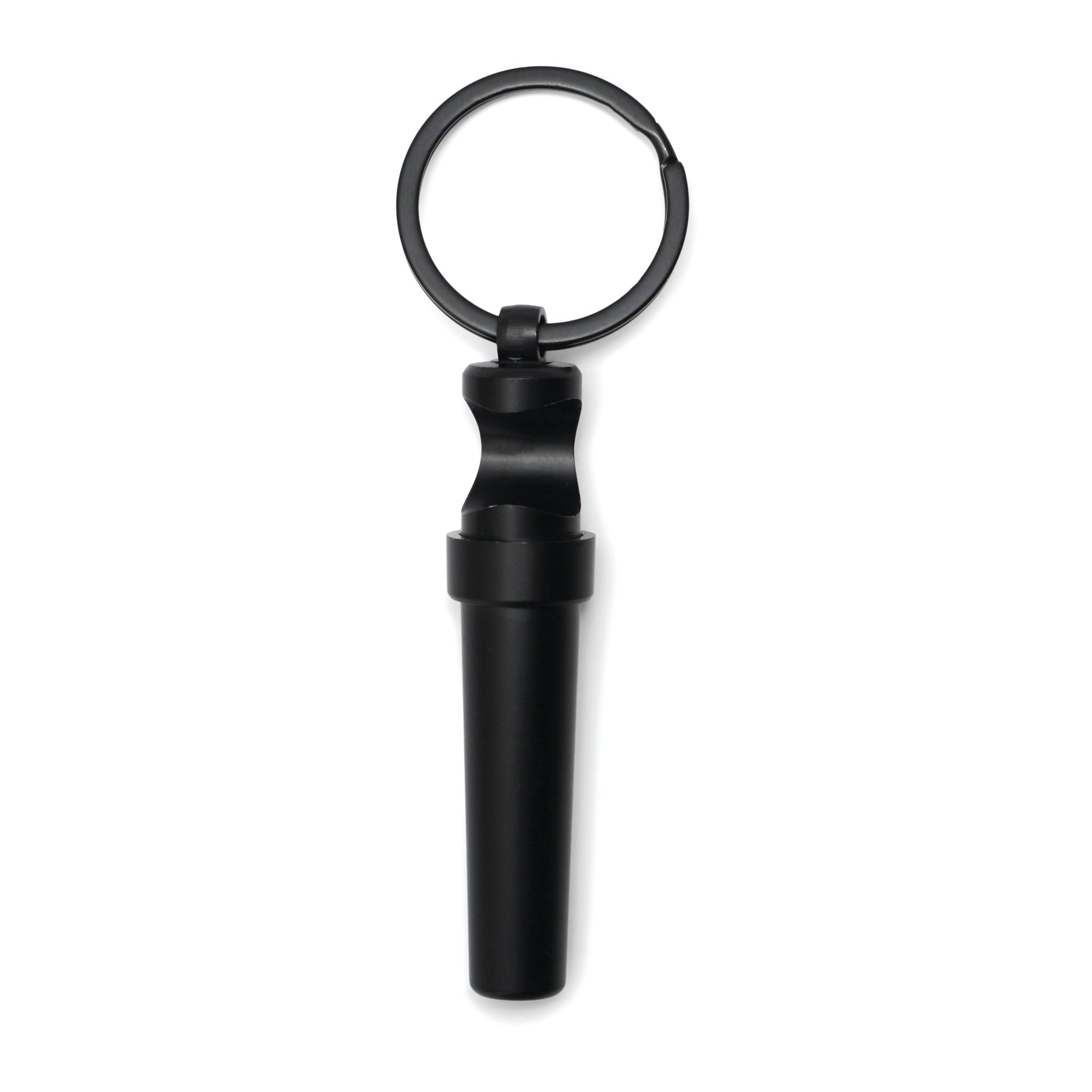 Closed black keychain corkscrew with key ring and bottle opener notch at the top end