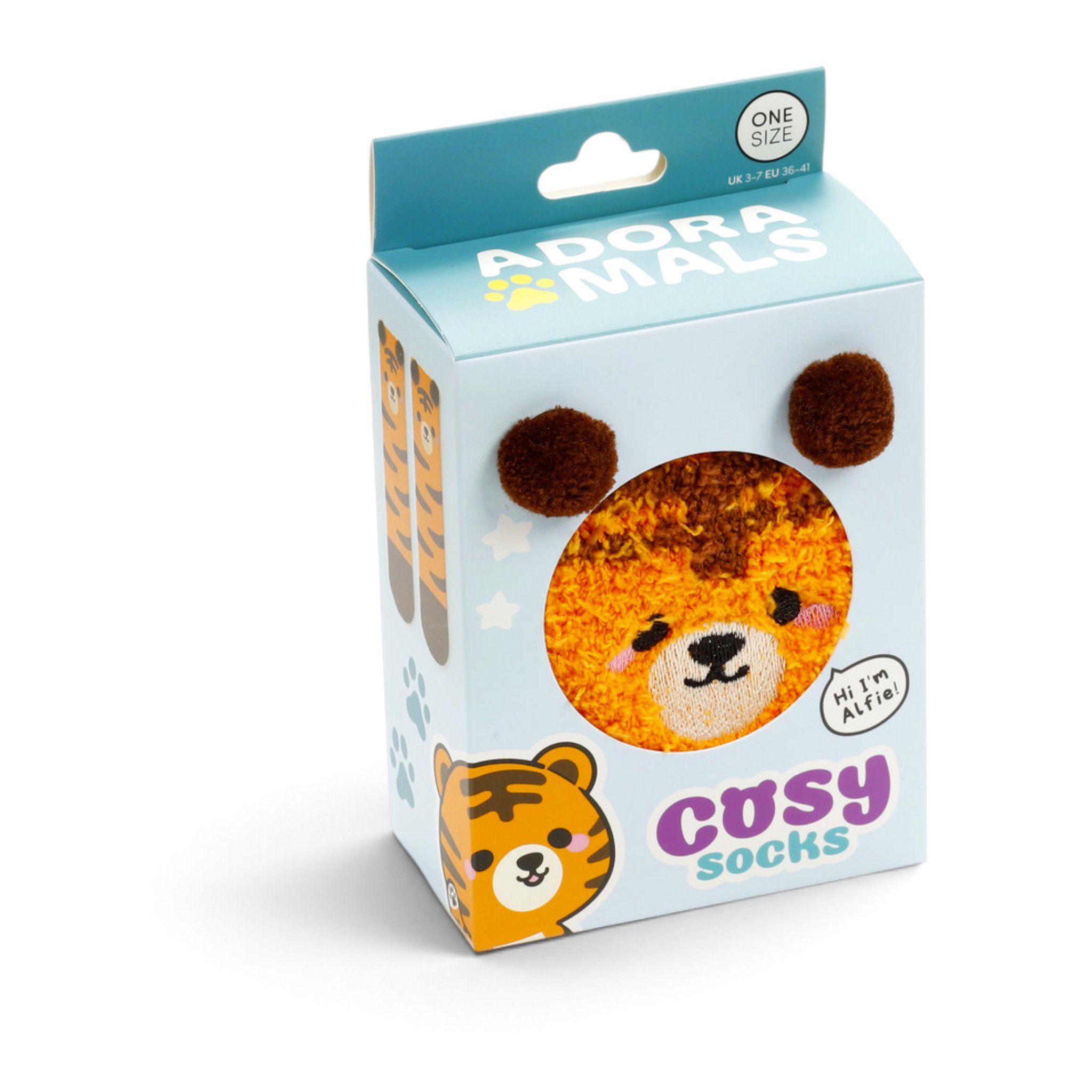 Tiger-Kuschelsocken in der Verpackung