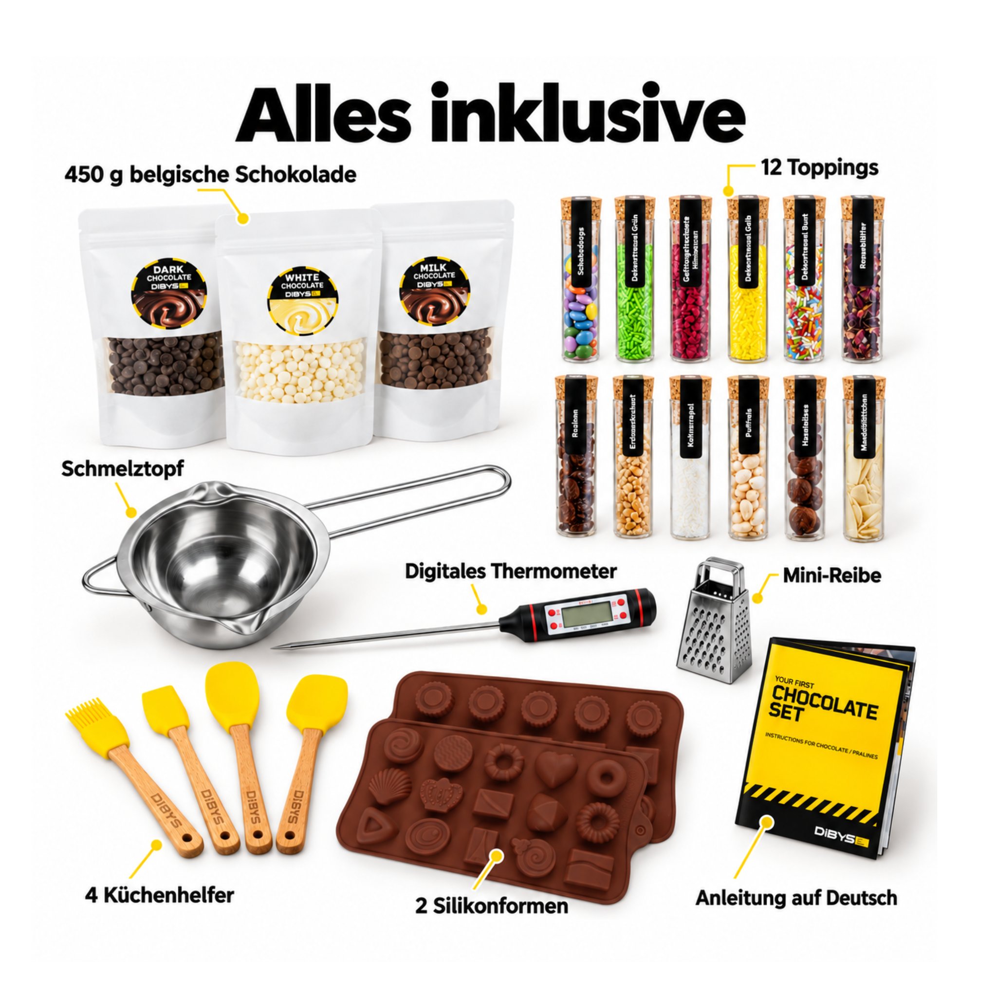 Contenu du kit pralinés : 450 g de chocolat belge, casserole, thermomètre et notice