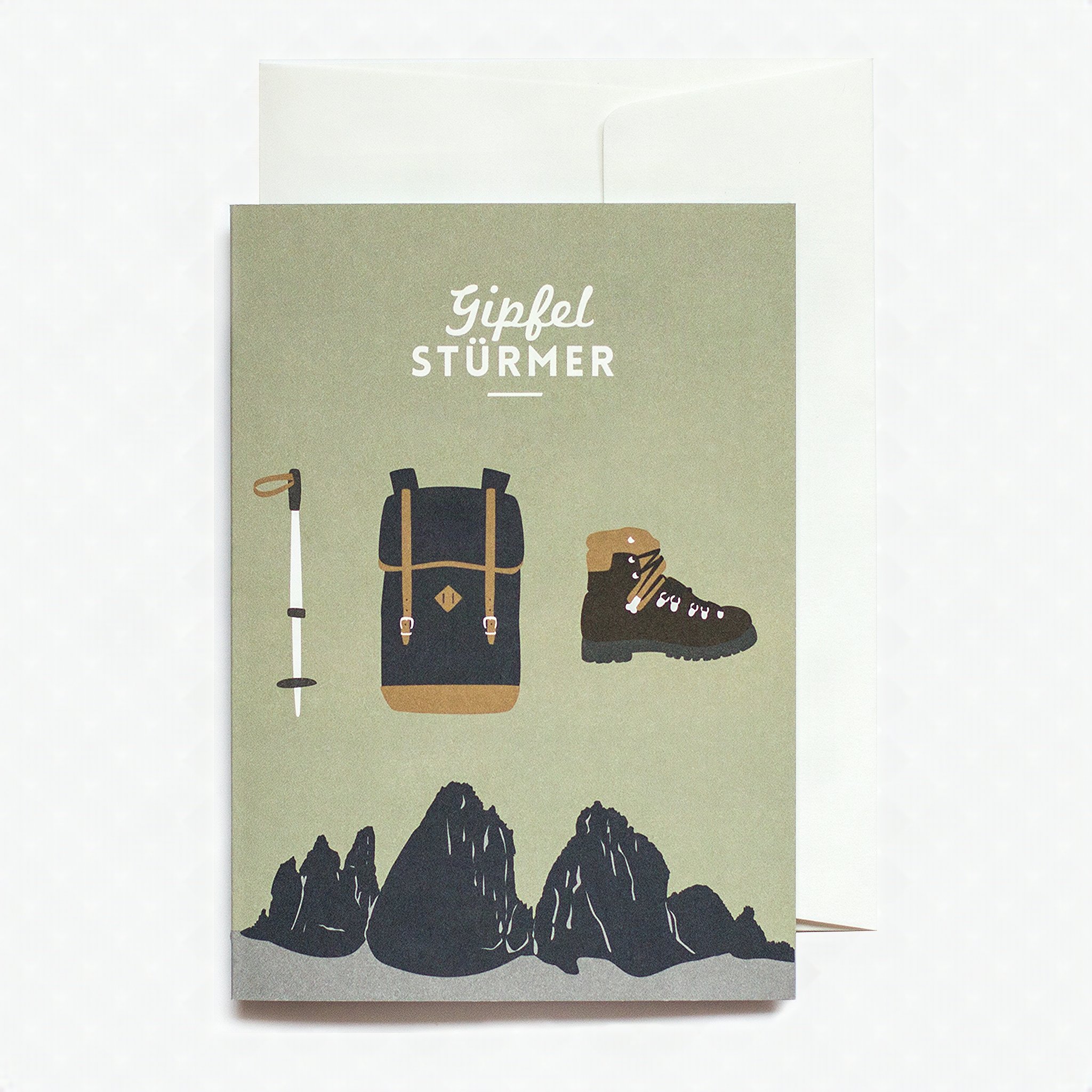 Grusskarte Gipfelstuermer mit Rucksack, Wanderschuh und Stock