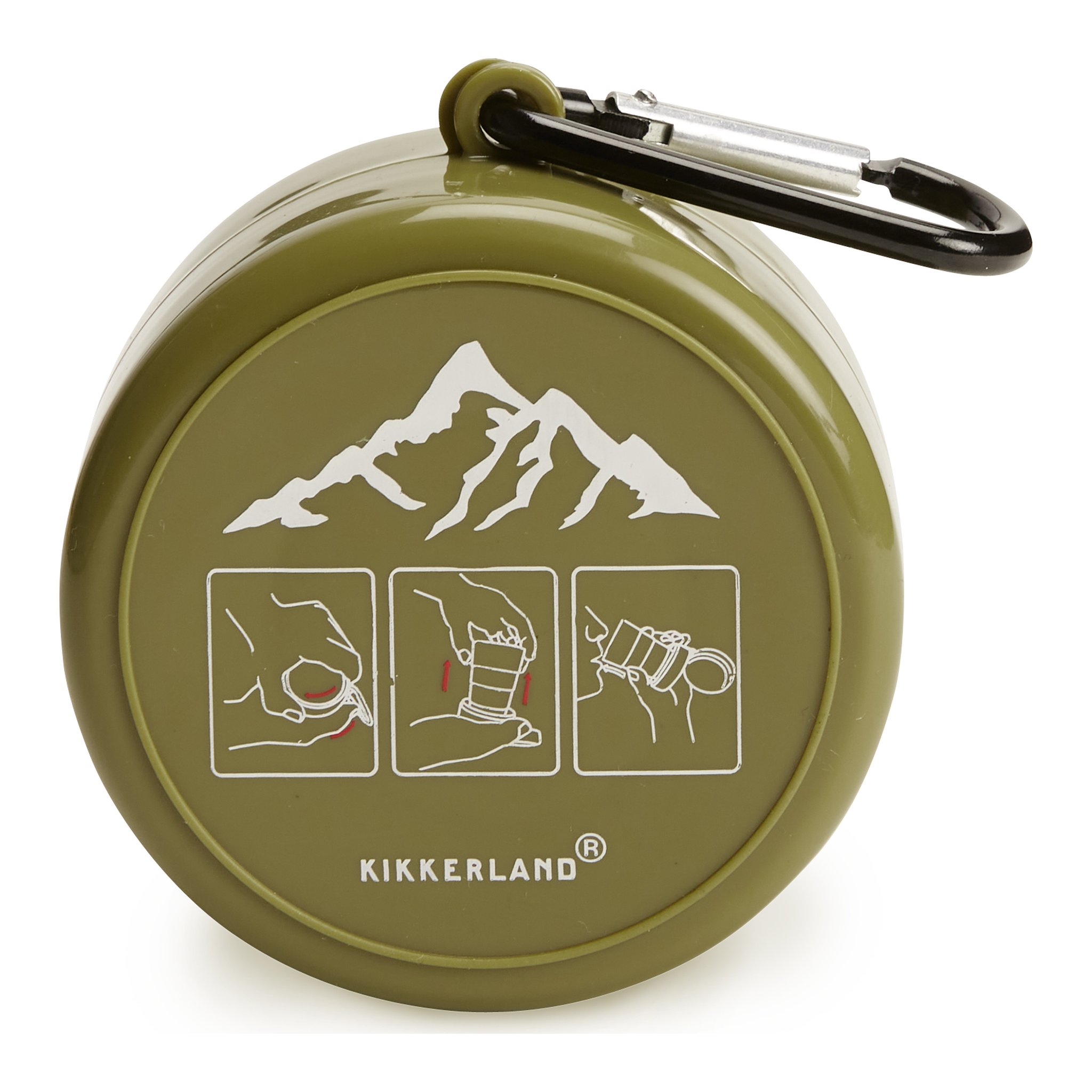 Klappbecher zusammengeklappt mit Bergmotiv, Anleitung und Karabiner