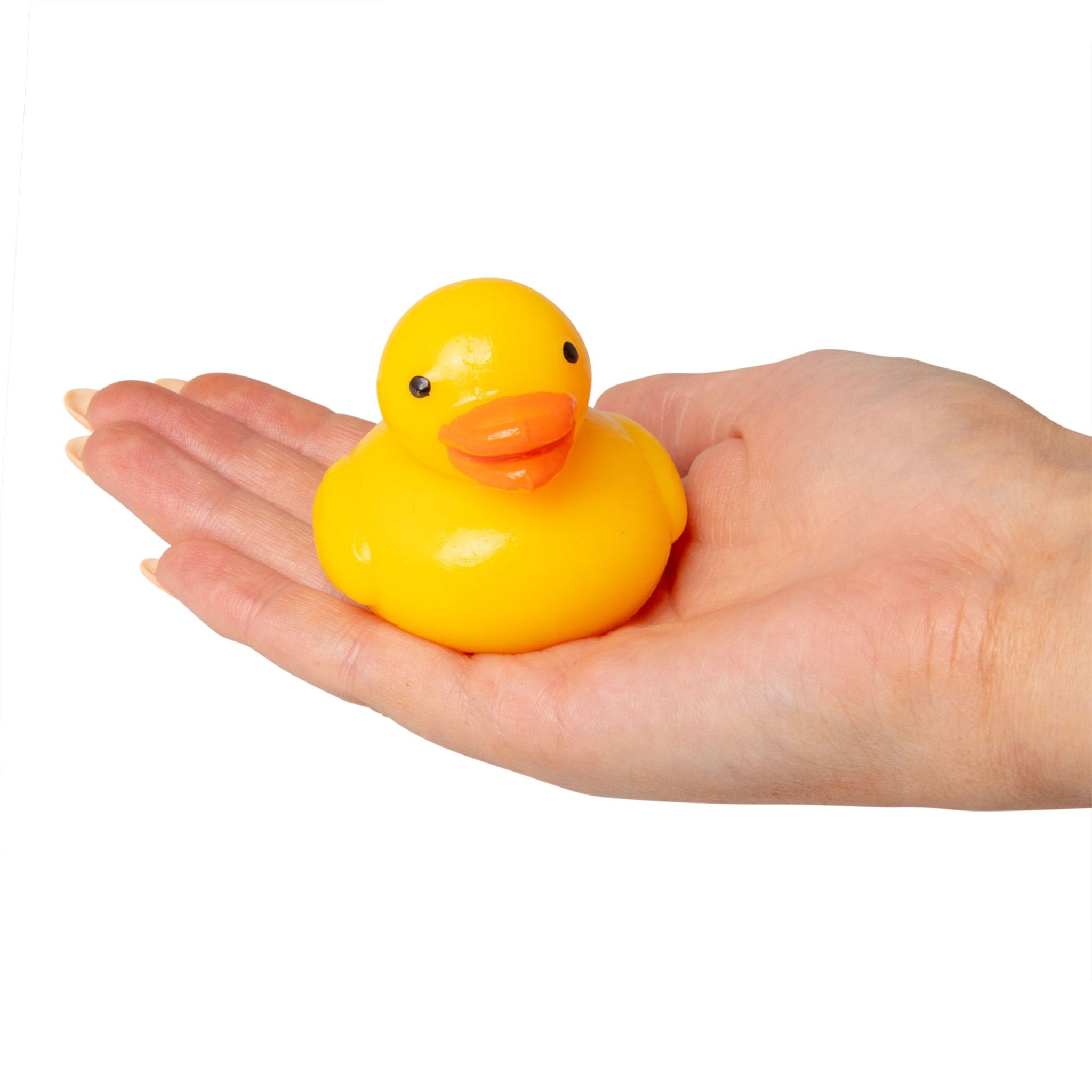 Sticky squishy duck with blue bubble dots, foam pompoms and mini duck