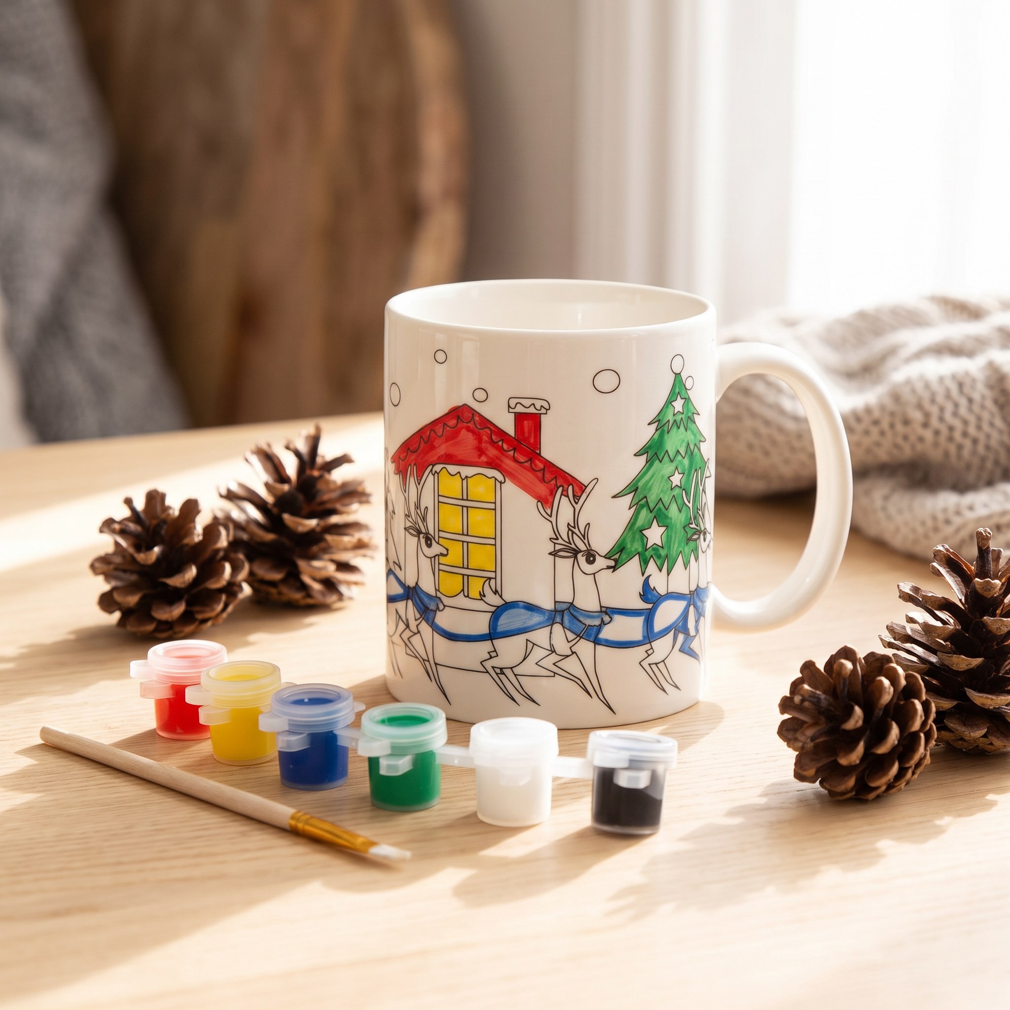 Teilweise bemalte Weihnachtstasse mit Haus und Tannenbaum auf einem Basteltisch mit Farben