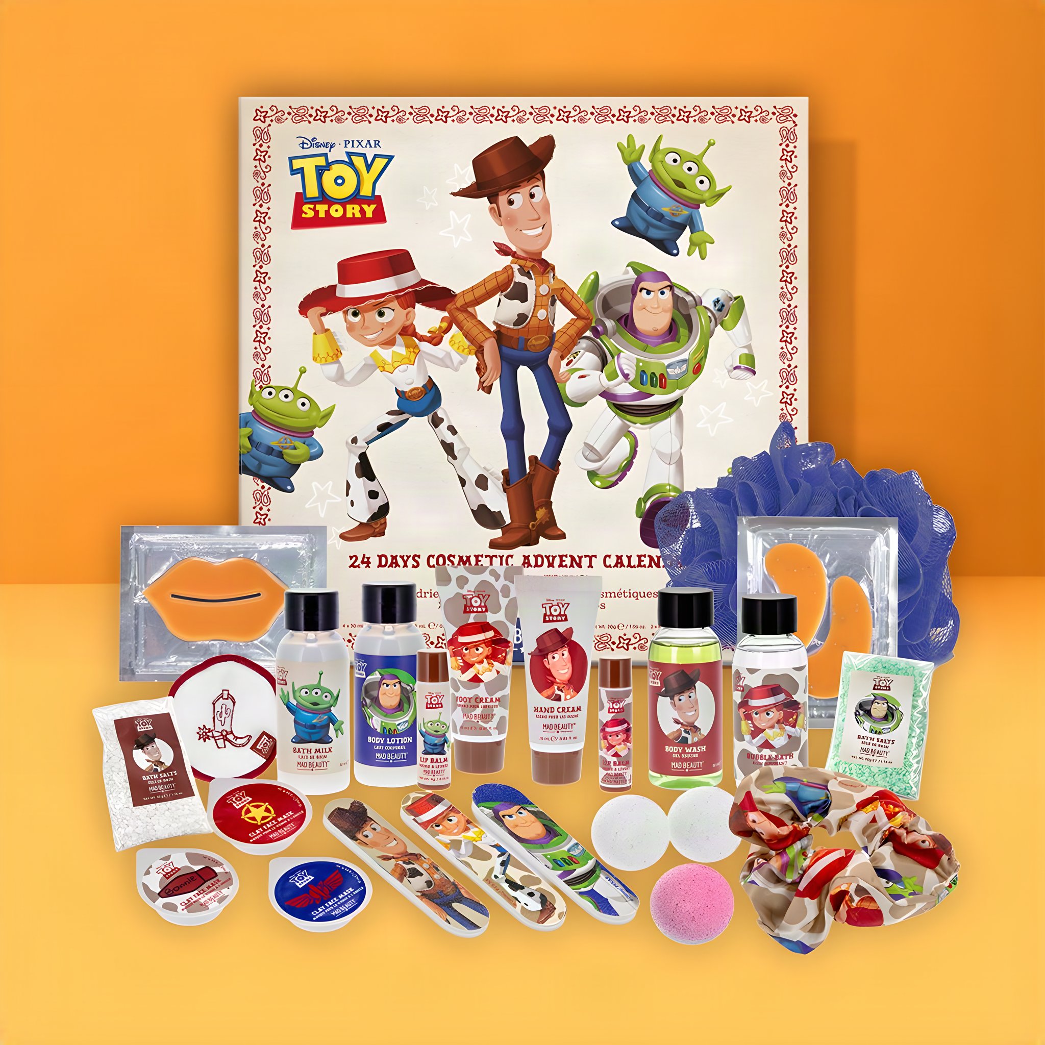 Toy Story Adventskalender mit dem Inhalt davor: Badeprodukte, Augenpads, Nagelfeilen und Scrunchie