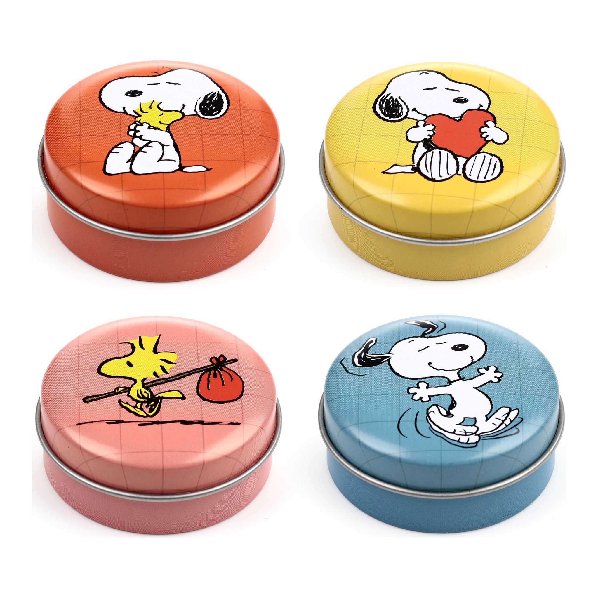 Vier Snoopy-Lippenbalsam-Doeschen in Orange, Gelb, Rosa und Blau