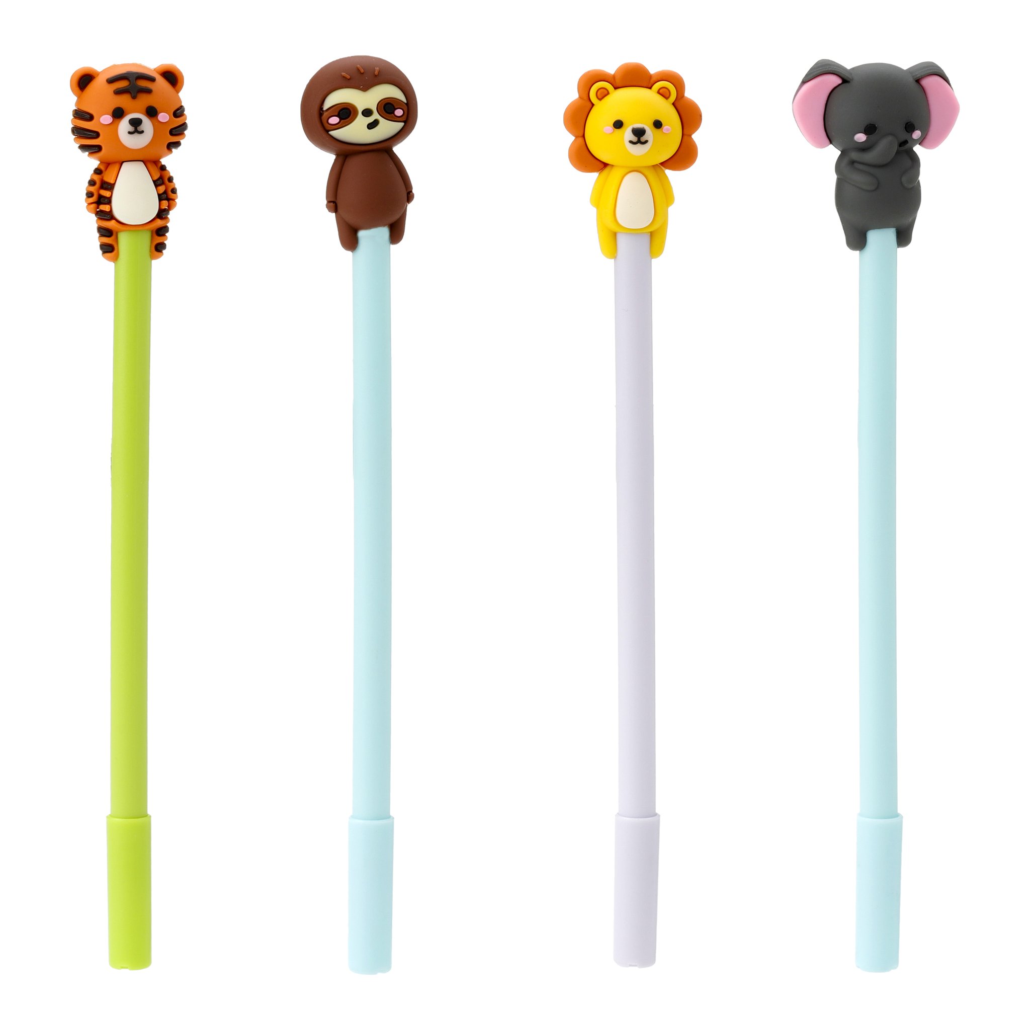 Quatre stylos fins : tigre, paresseux, lion et elephant