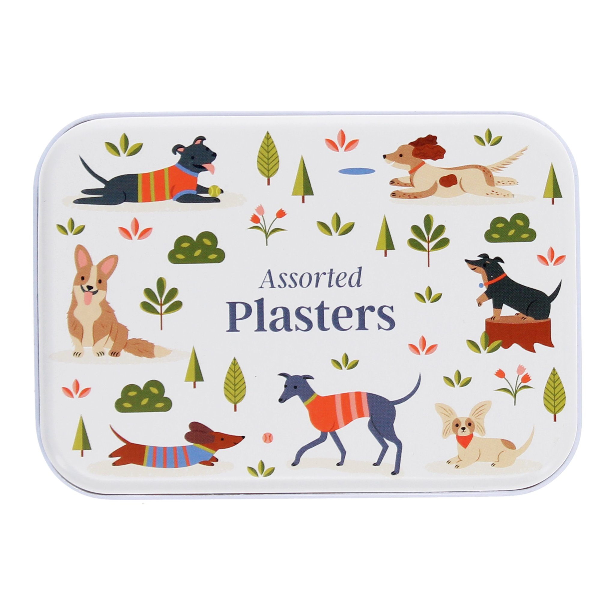 Deckel der Metalldose mit verschiedenen Hunden und Aufschrift Assorted Plasters