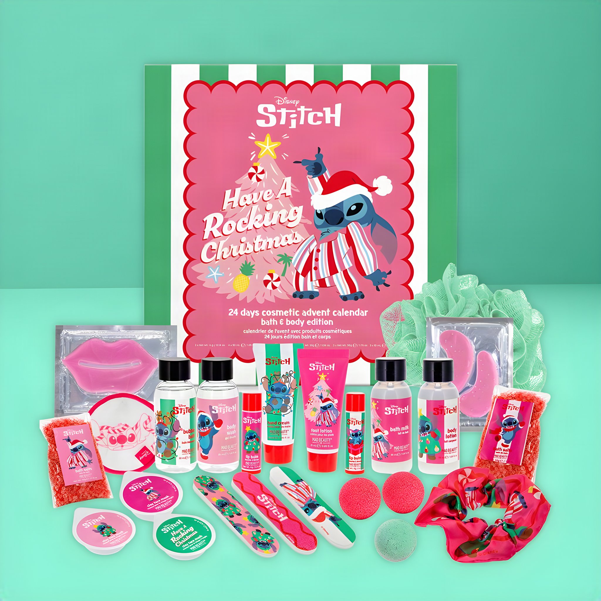 Calendario dell'Avvento Stitch con tutto il contenuto in mostra: prodotti bagno, patch occhi, scrunchie e accessori