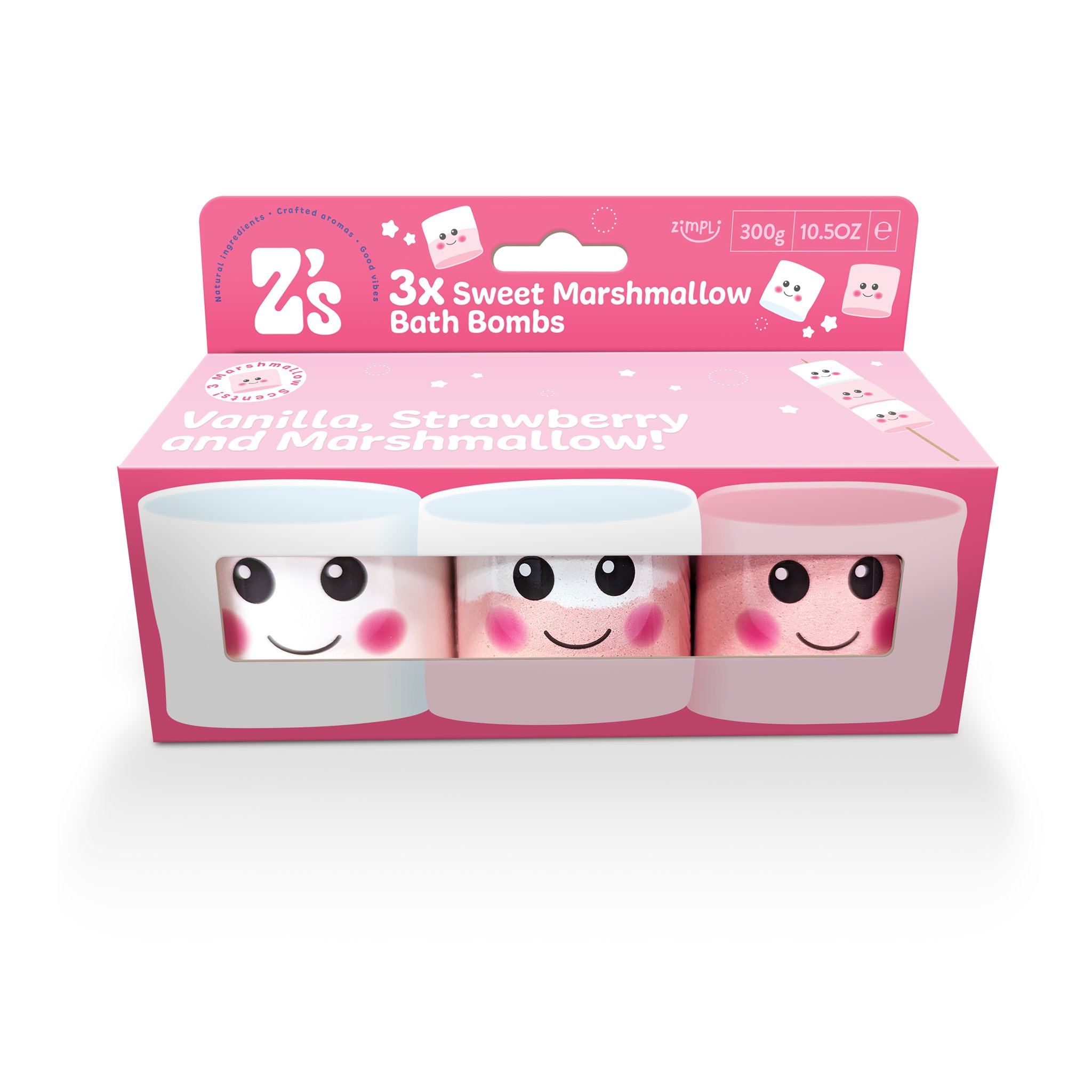 Pink box with three marshmallow bath bombs with faces in the window