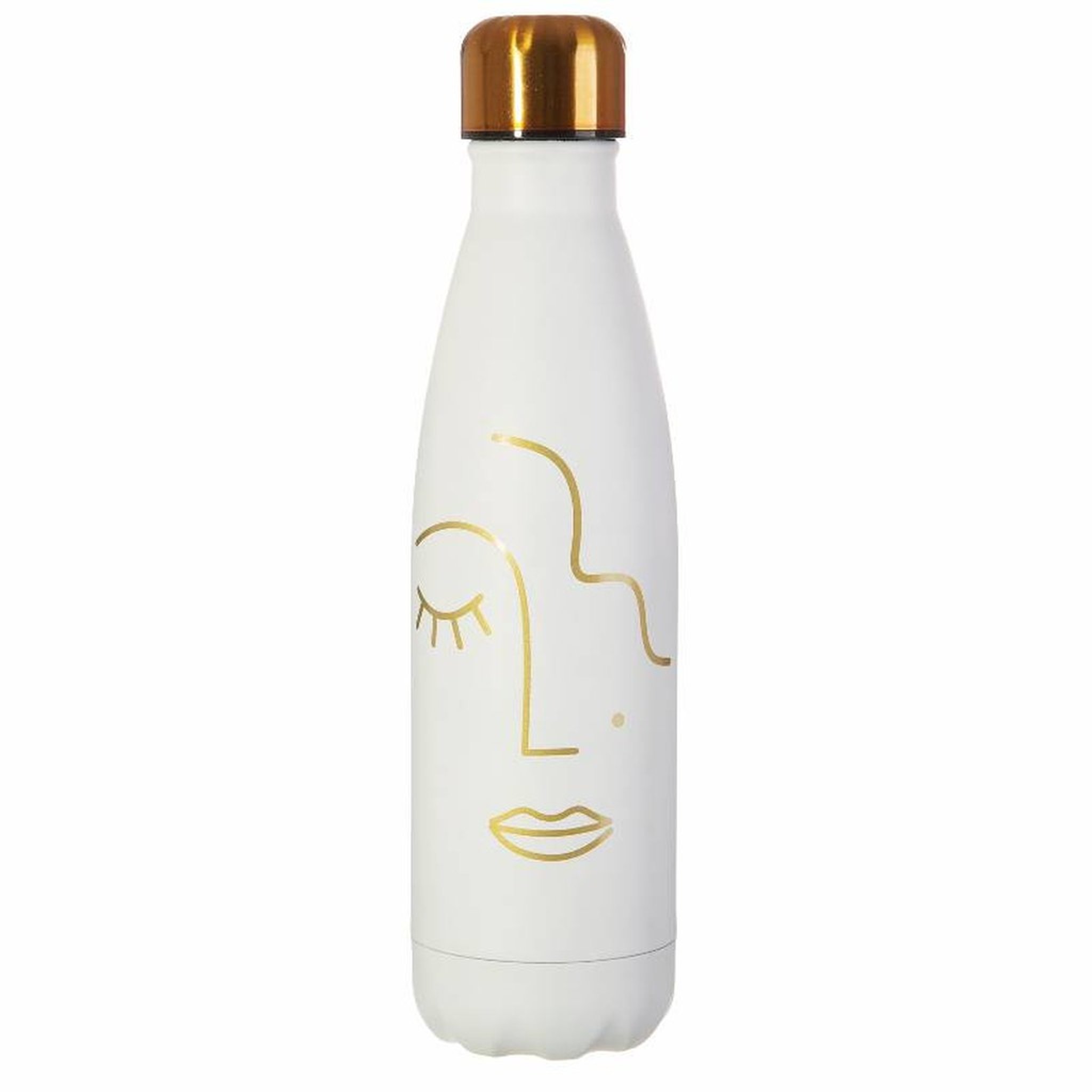 Borraccia Abstract Face Sass & Belle scontornata, bottiglia bianca in acciaio inox con viso dorato