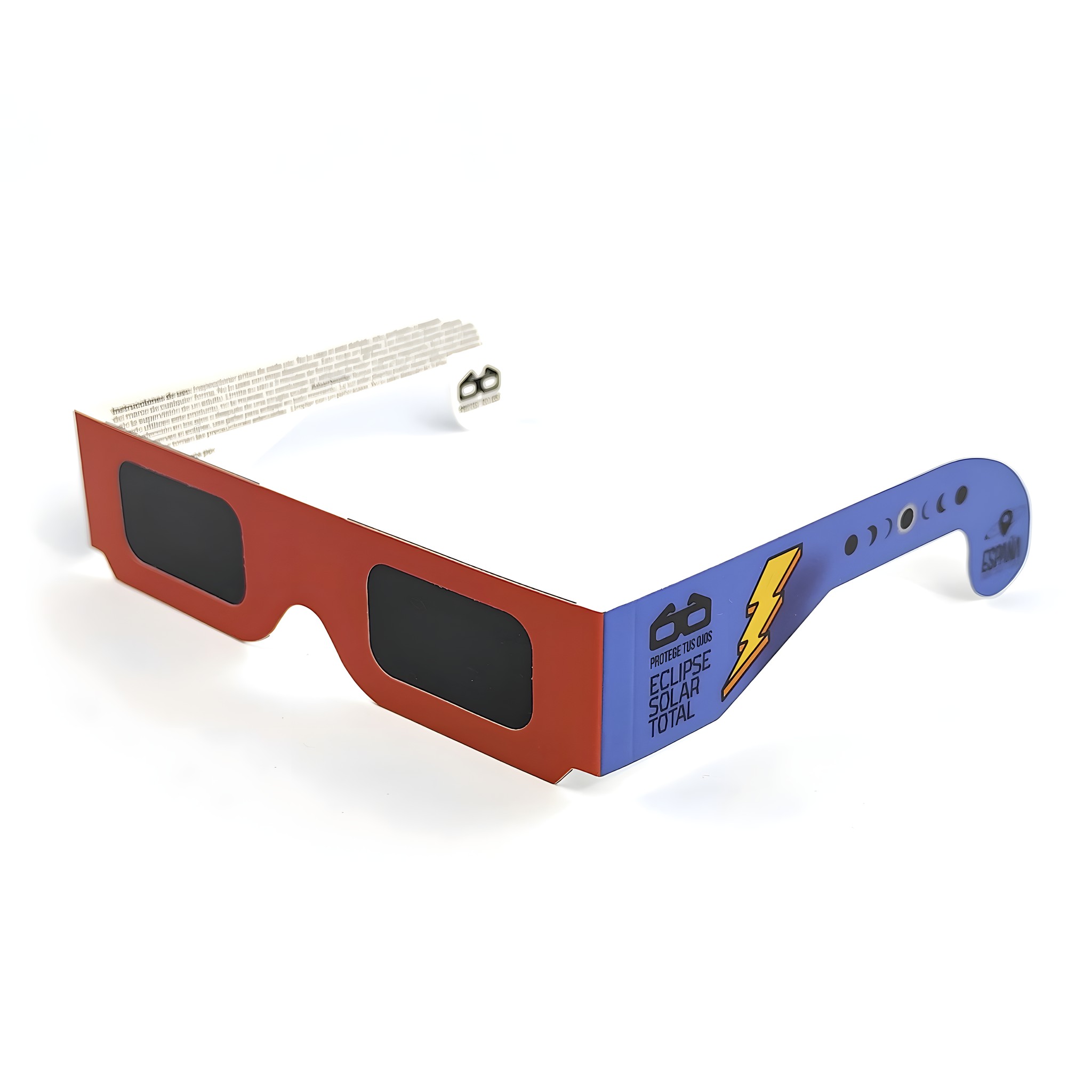 Astromo Sonnenfinsternisbrille Starman-Design in Rot-Blau mit Blitz – ISO 12312-2 zertifiziert