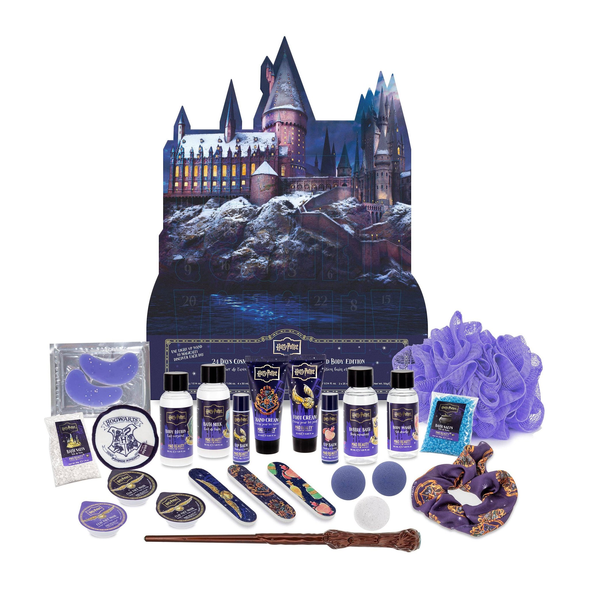 Harry Potter Hogwarts Beauty Adventskalender – Kalender mit allen 24 Produkten und Zauberstab
