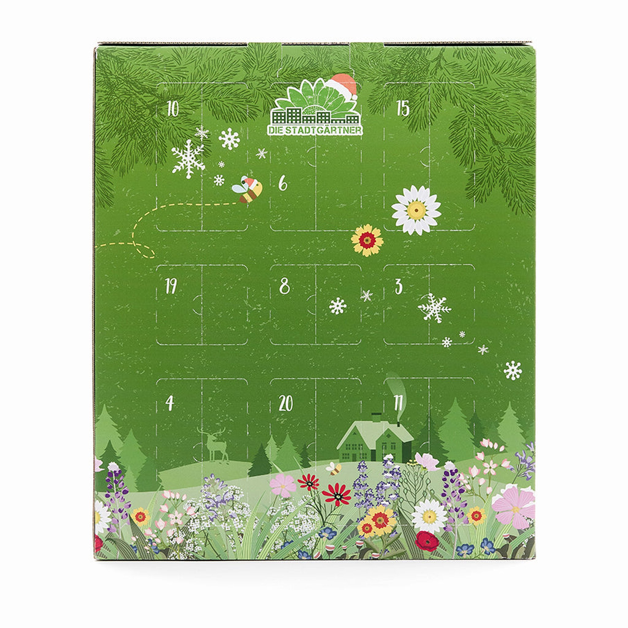 Rückseite des grossen Garten-Adventskalenders mit weiteren Türchen, Tannen und Wildblumen