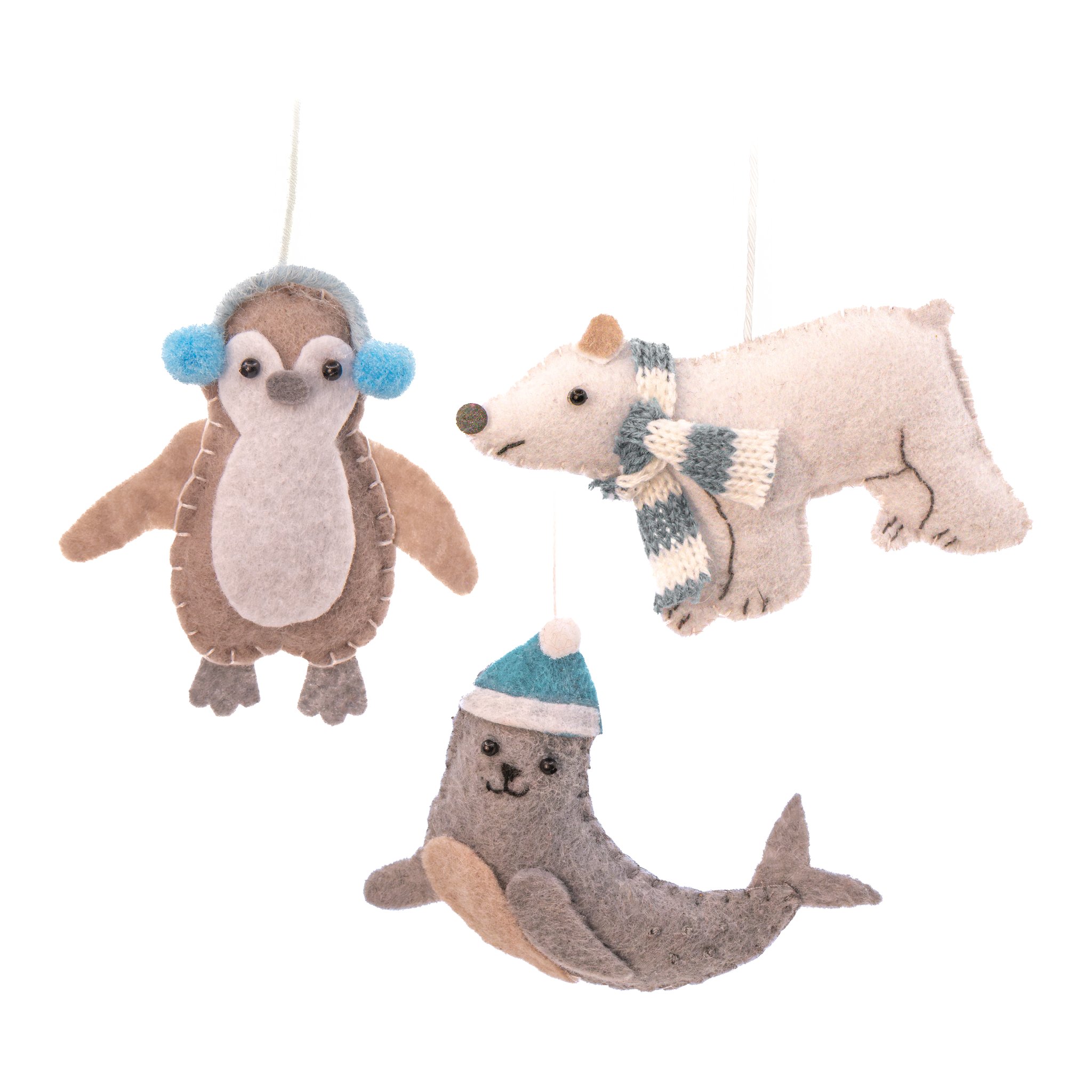 Décorations de Noël animaux d'hiver Sass & Belle, pingouin, ours polaire et phoque en feutrine, détourées