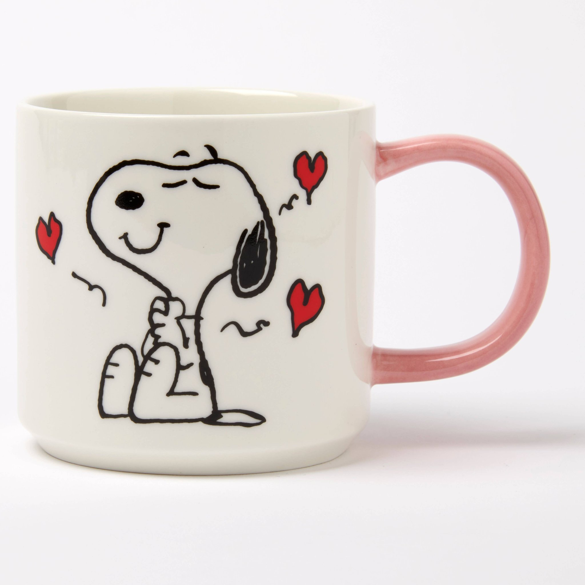Weisse Snoopy-Tasse I Love You mit rosa Henkel, lächelnder Snoopy mit roten Herzen
