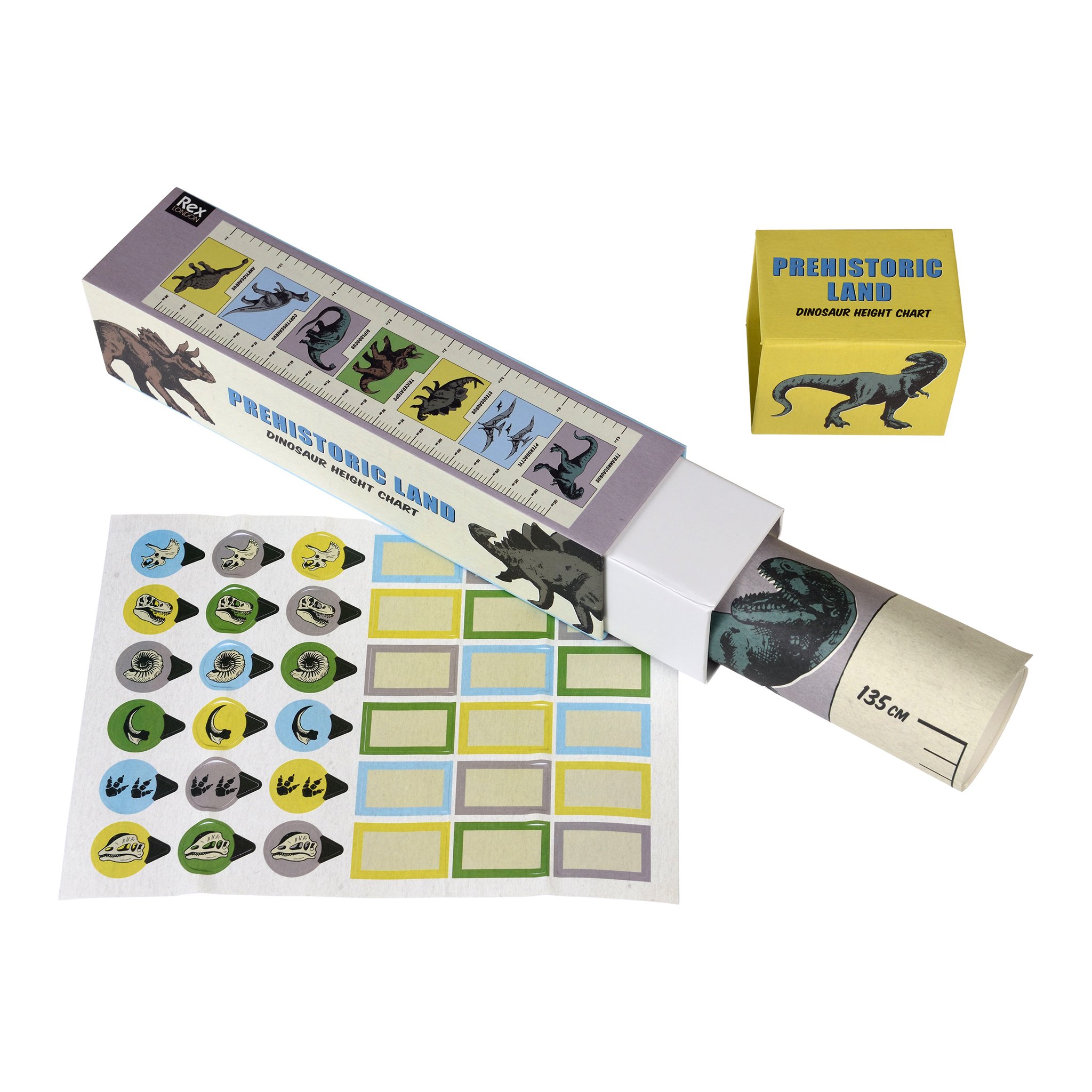 Verpackung der Dino-Messlatte mit Stickerbogen zum Markieren der Körpergrösse