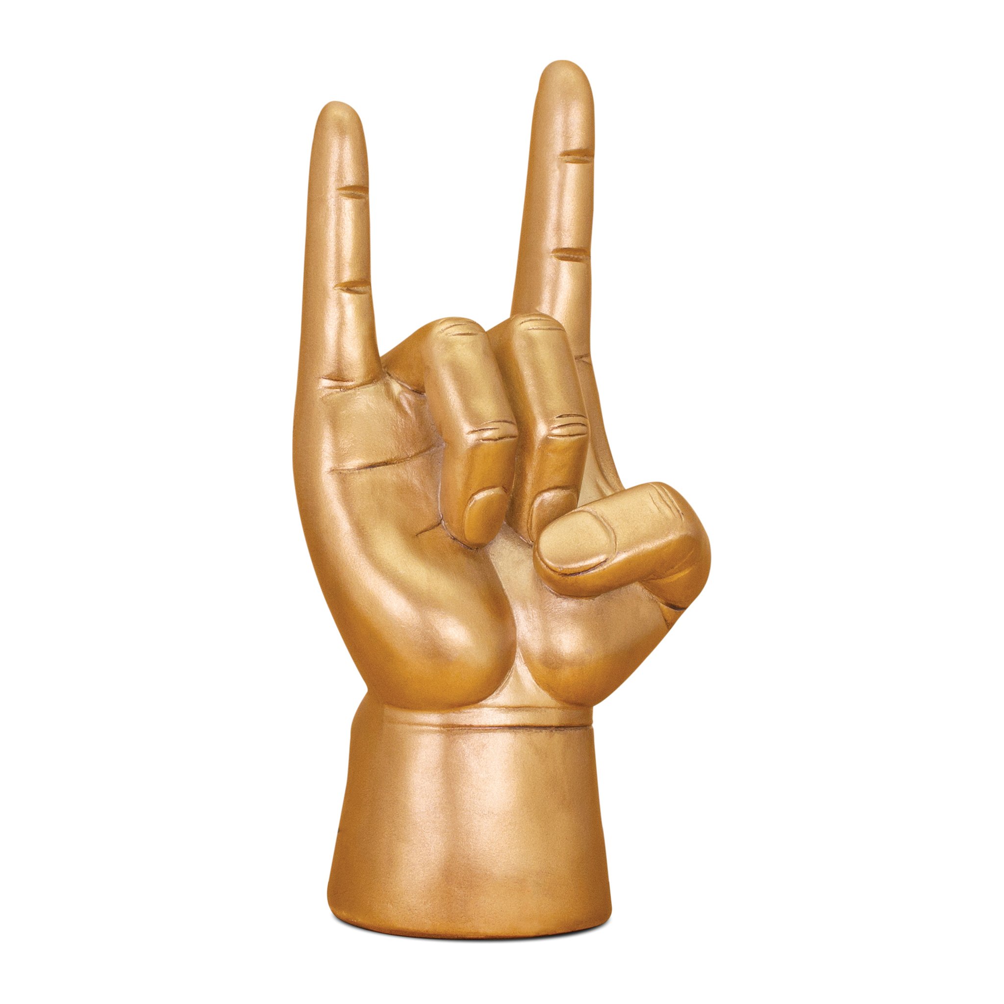 Goldene Rock-On-Hand auf rundem Sockel, Schraegansicht