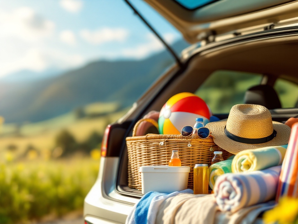 Vollgepackter Kofferraum für die Sommerferien mit Picknickkorb, Strandball und Strandtüchern vor Schweizer Hügeln