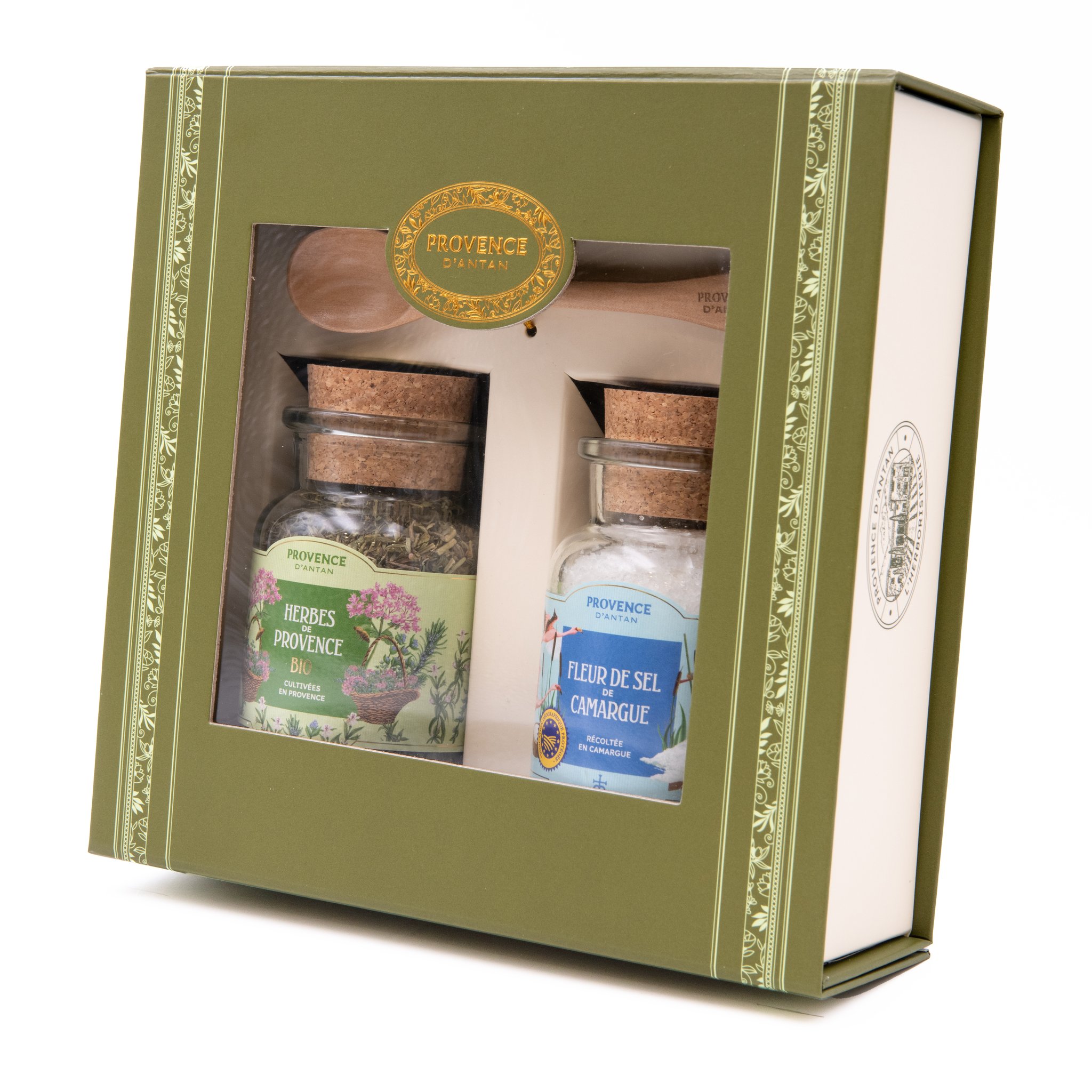 Set regalo fleur de sel ed erbe di Provenza biologiche di Provence d'Antan in scatola verde