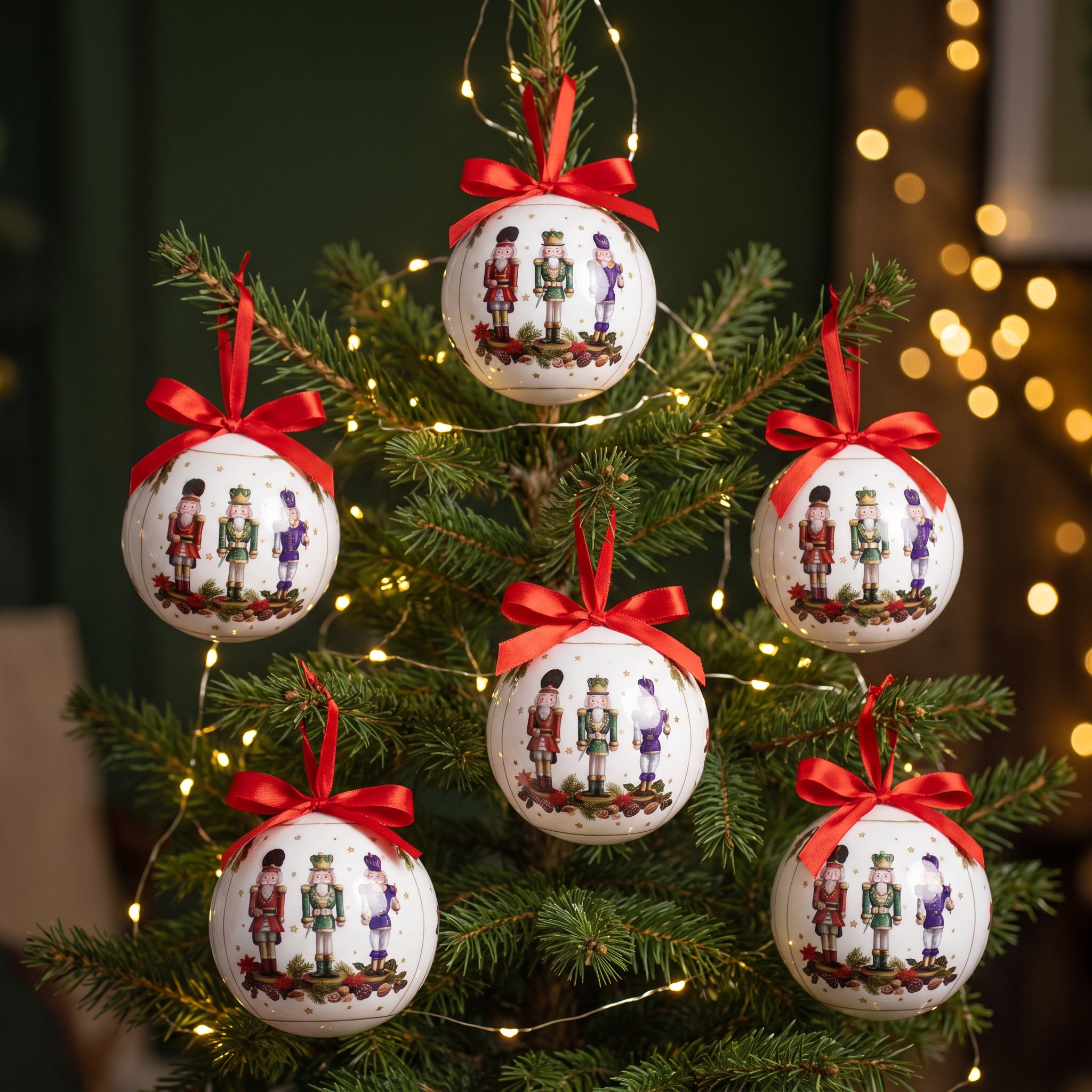 Small Christmas tree with fairy lights, decorated with six white nutcracker baubles with red bows