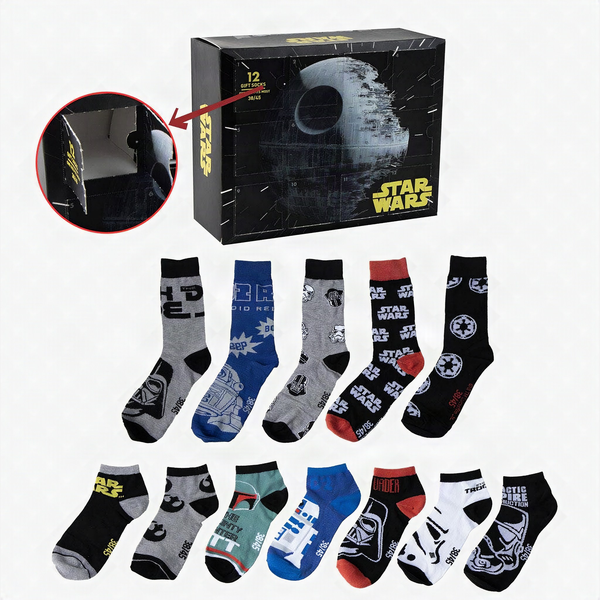 Death Star advent calendar with all twelve pairs of socks laid out below it