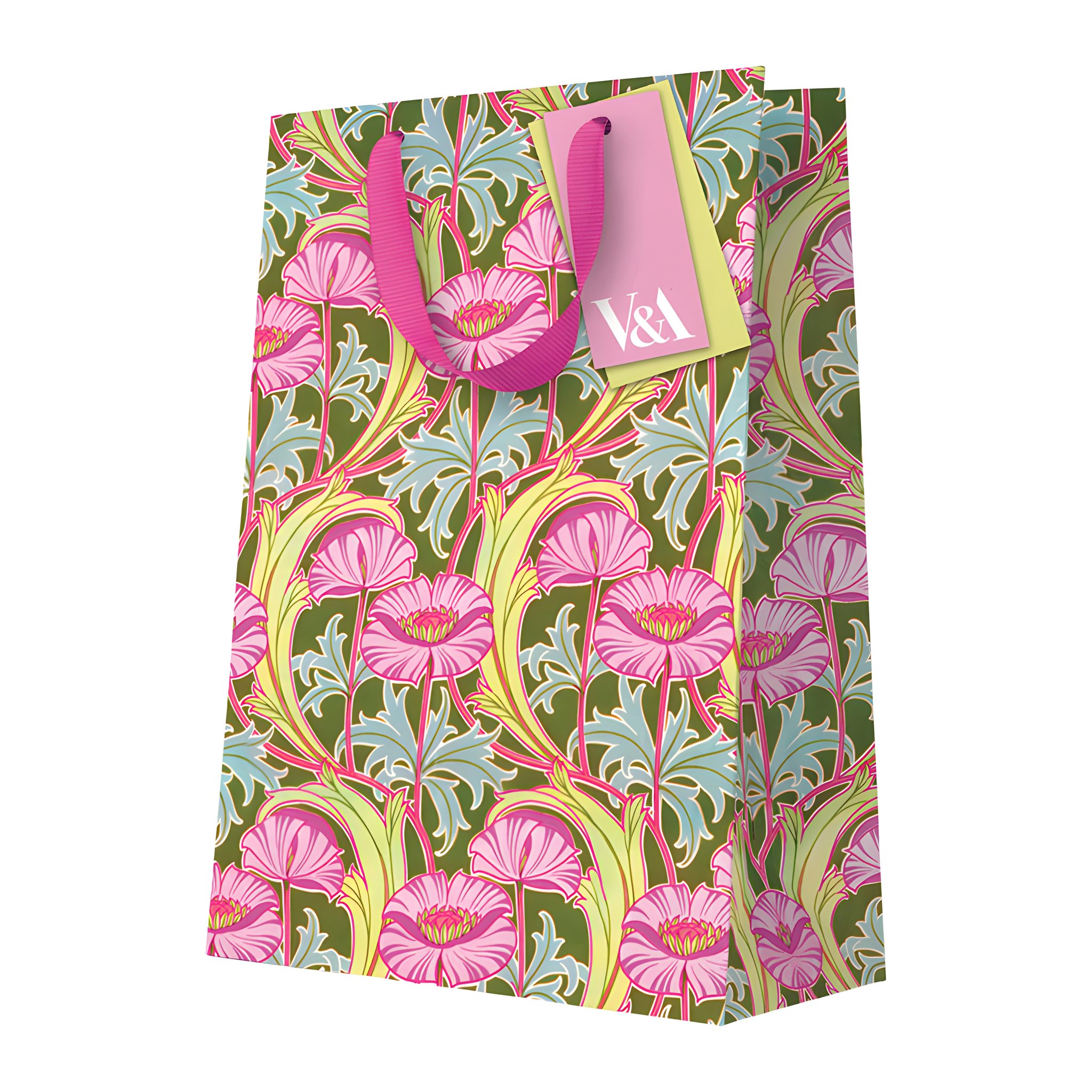 Busta regalo grande V&A con papaveri rosa di Ohh Deer con manici in nastro su sfondo bianco