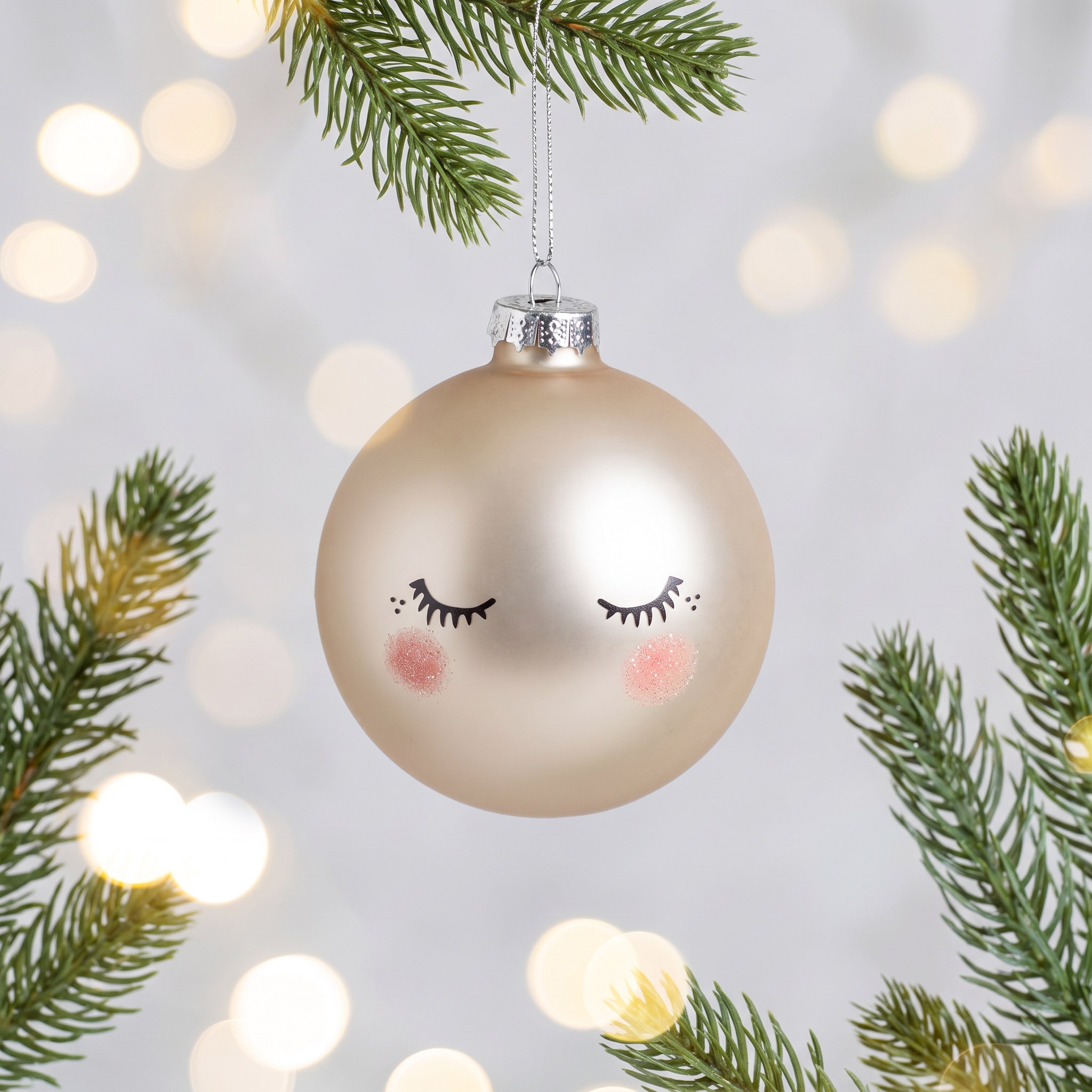 Pallina di Natale Sonni Beati di Sass & Belle su un ramo di abete con luci calde