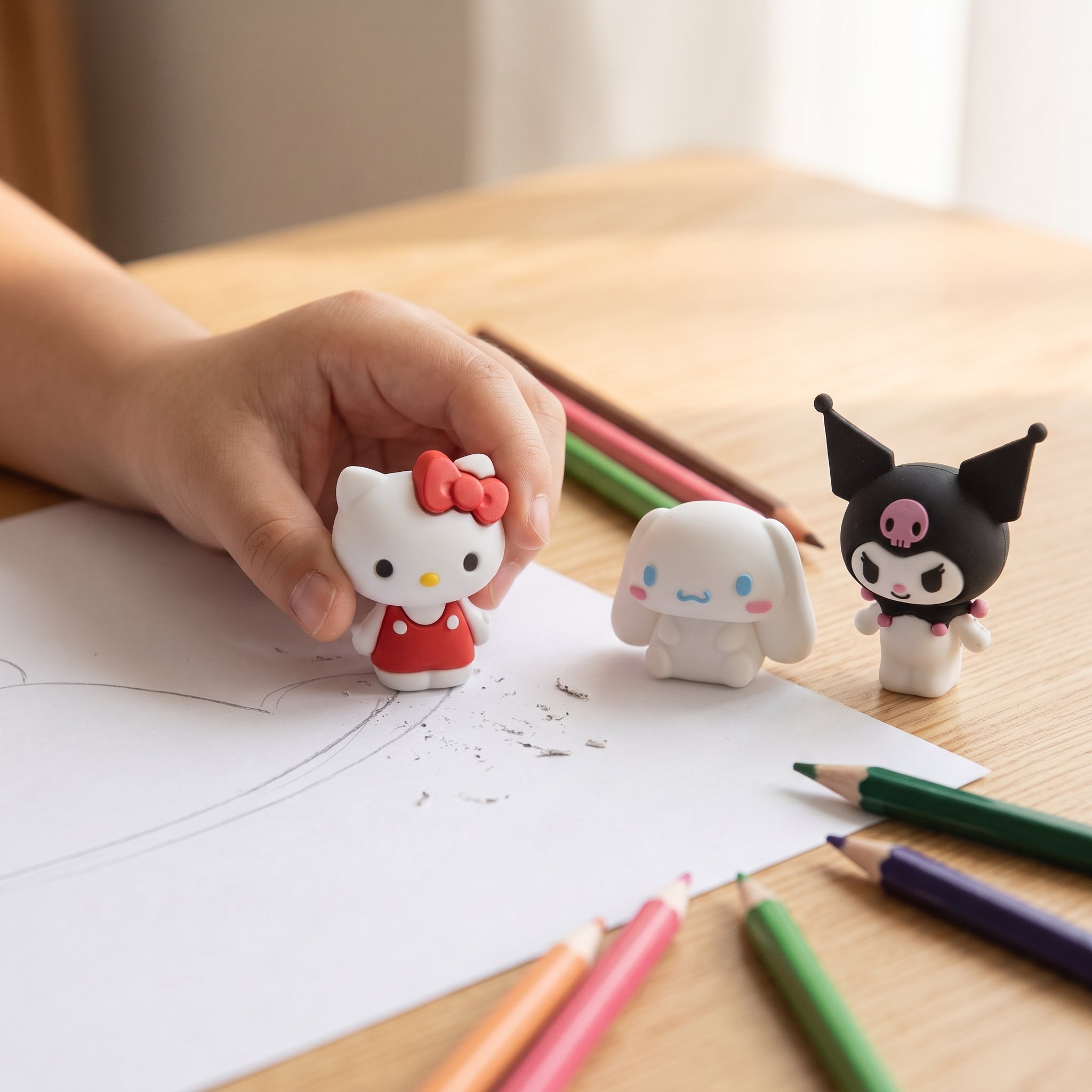 Kinderhand radiert mit dem Hello-Kitty-Radiergummi, daneben Cinnamoroll und Kuromi