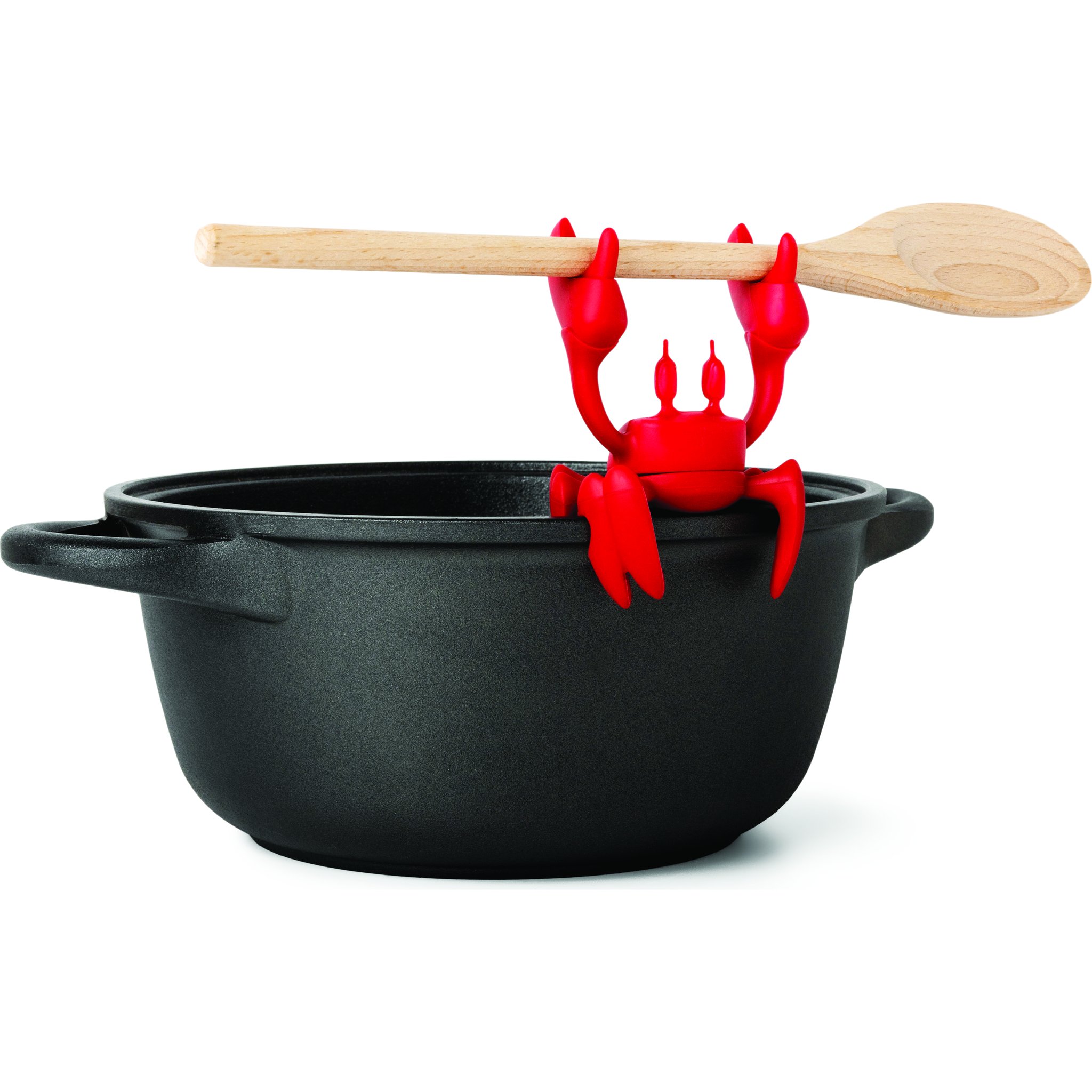 Crab spoon holder perched on the rim of a black pot