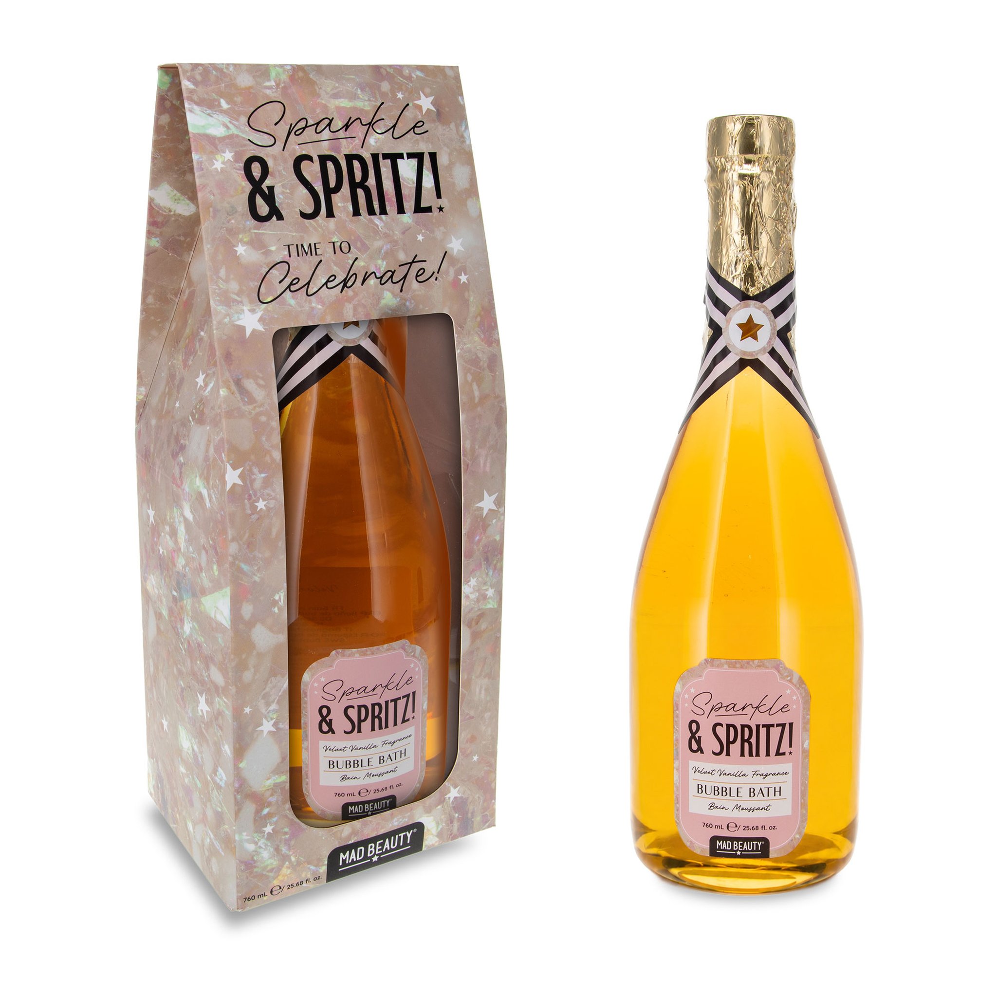 Schachtel und Flasche des Vanille-Schaumbads nebeneinander
