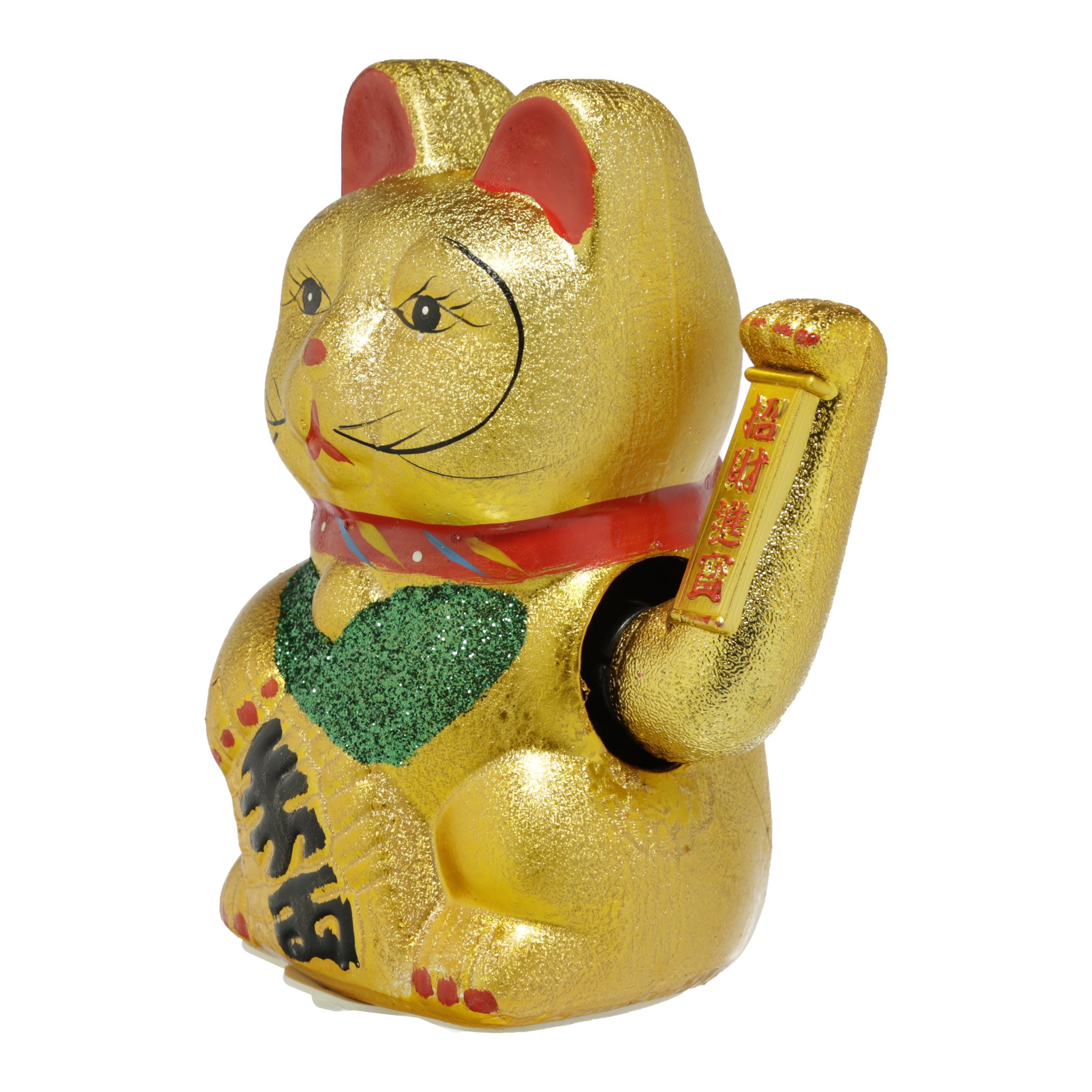 Chat porte-bonheur dore de trois quarts, patte levee