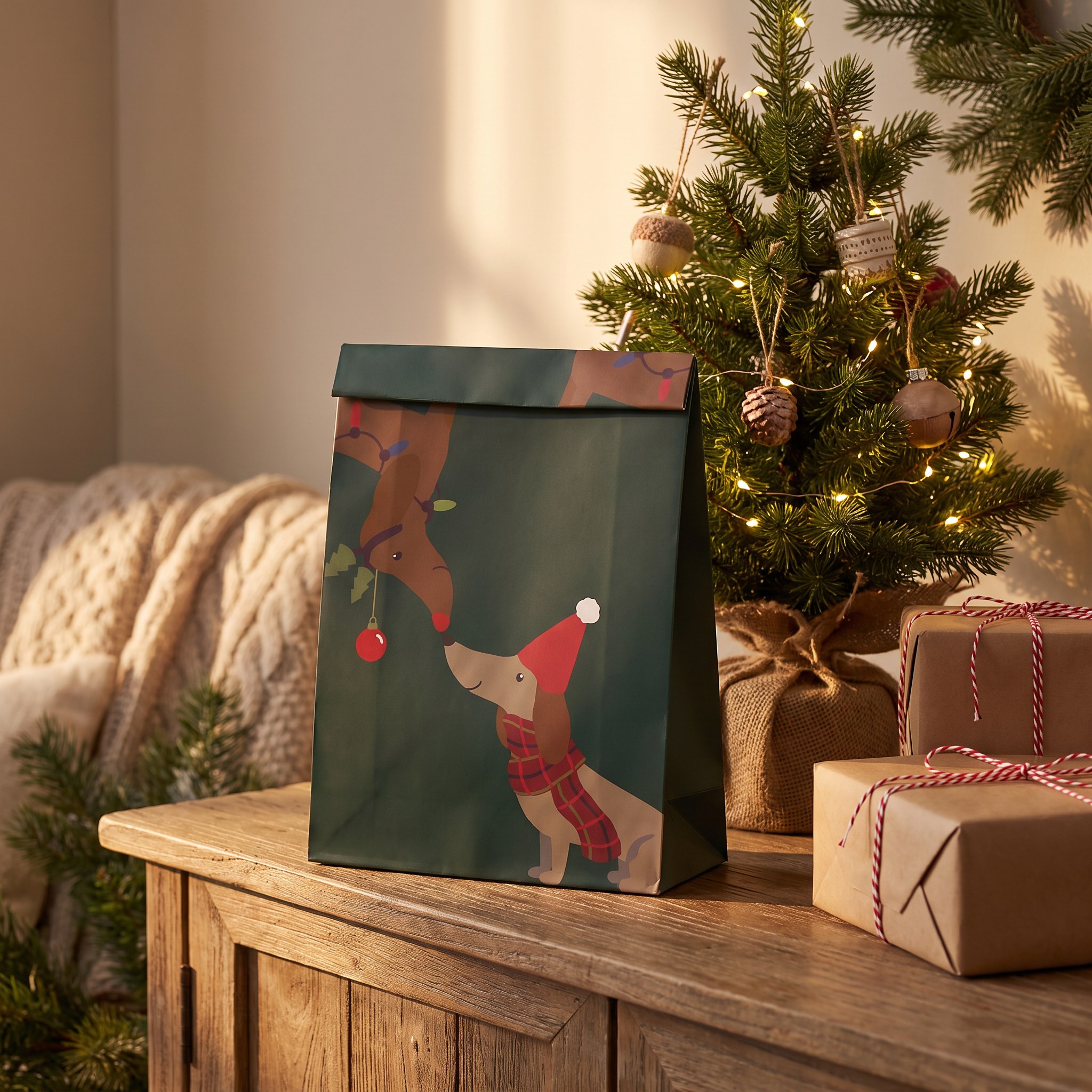 Geschenktüte Dackel Grün auf einer Holzkommode neben kleinem Weihnachtsbaum und Päckchen