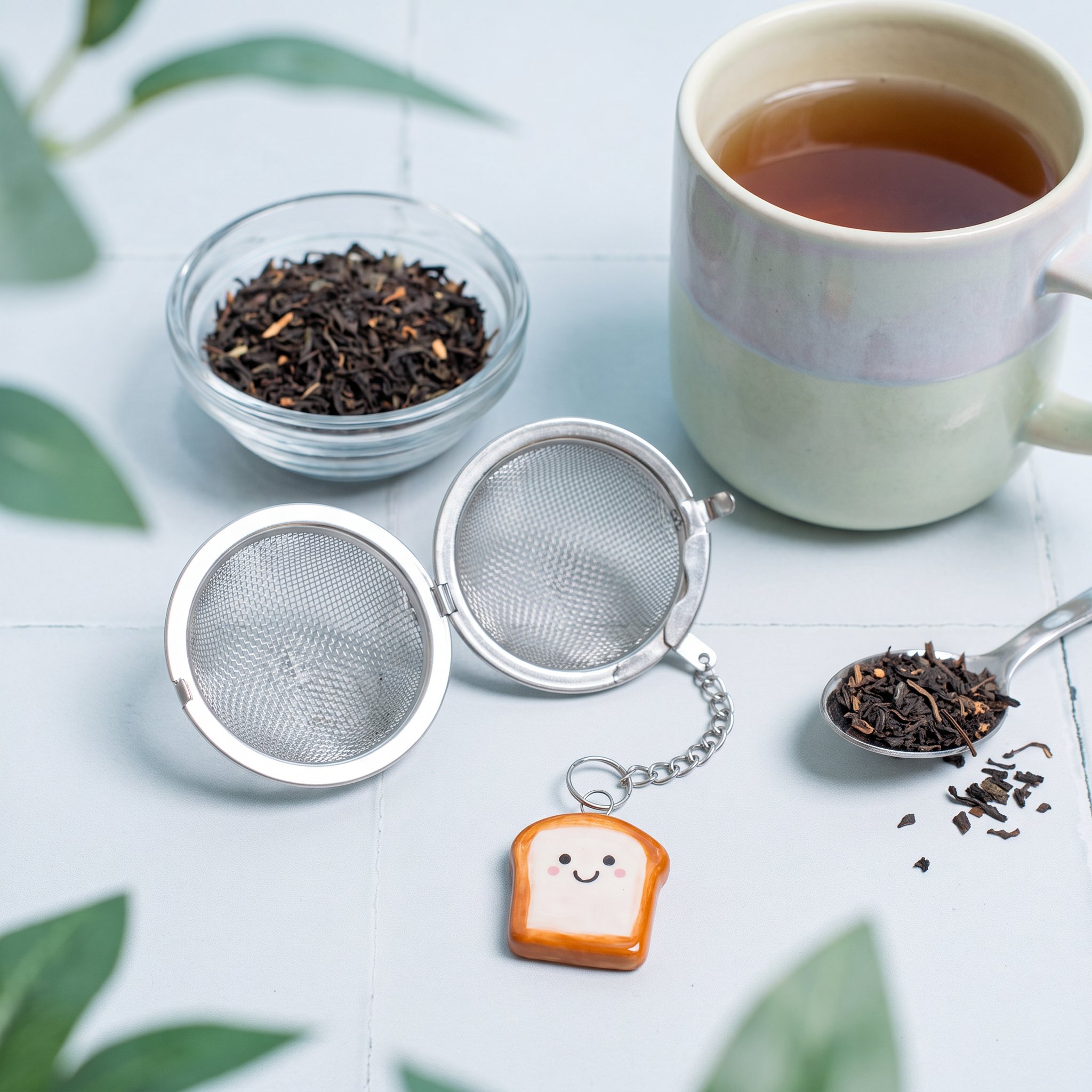 Infusore per tè toast aperto su piastrelle azzurre, accanto tè sfuso e una tazza di tè
